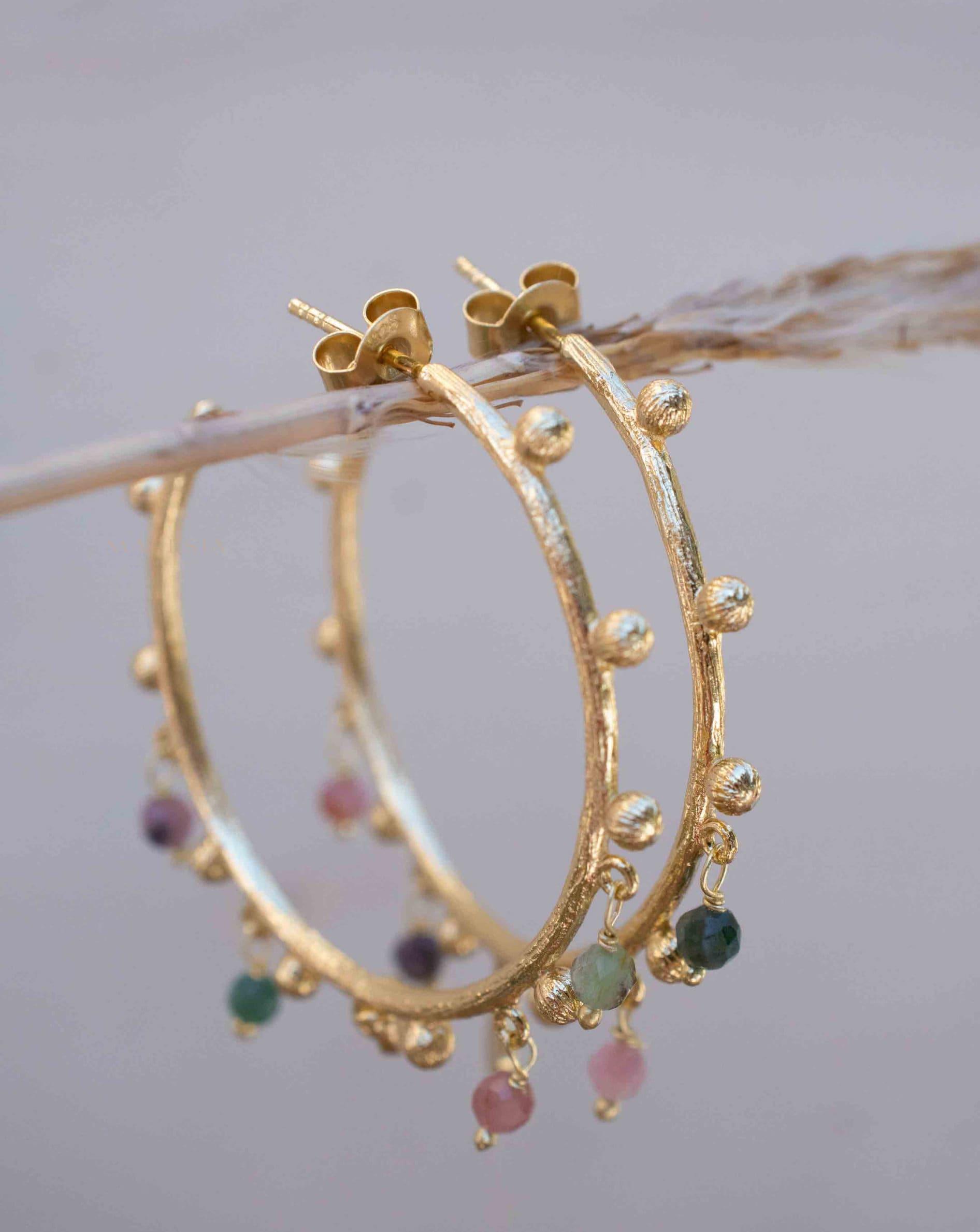 Tourmaline Hoop Earrings 18k Gold Plated Earrings ~ Gemstone ~ Post ~Boho design ~ Handmade ~ Jewelry ~ Gift for her ~ ME213