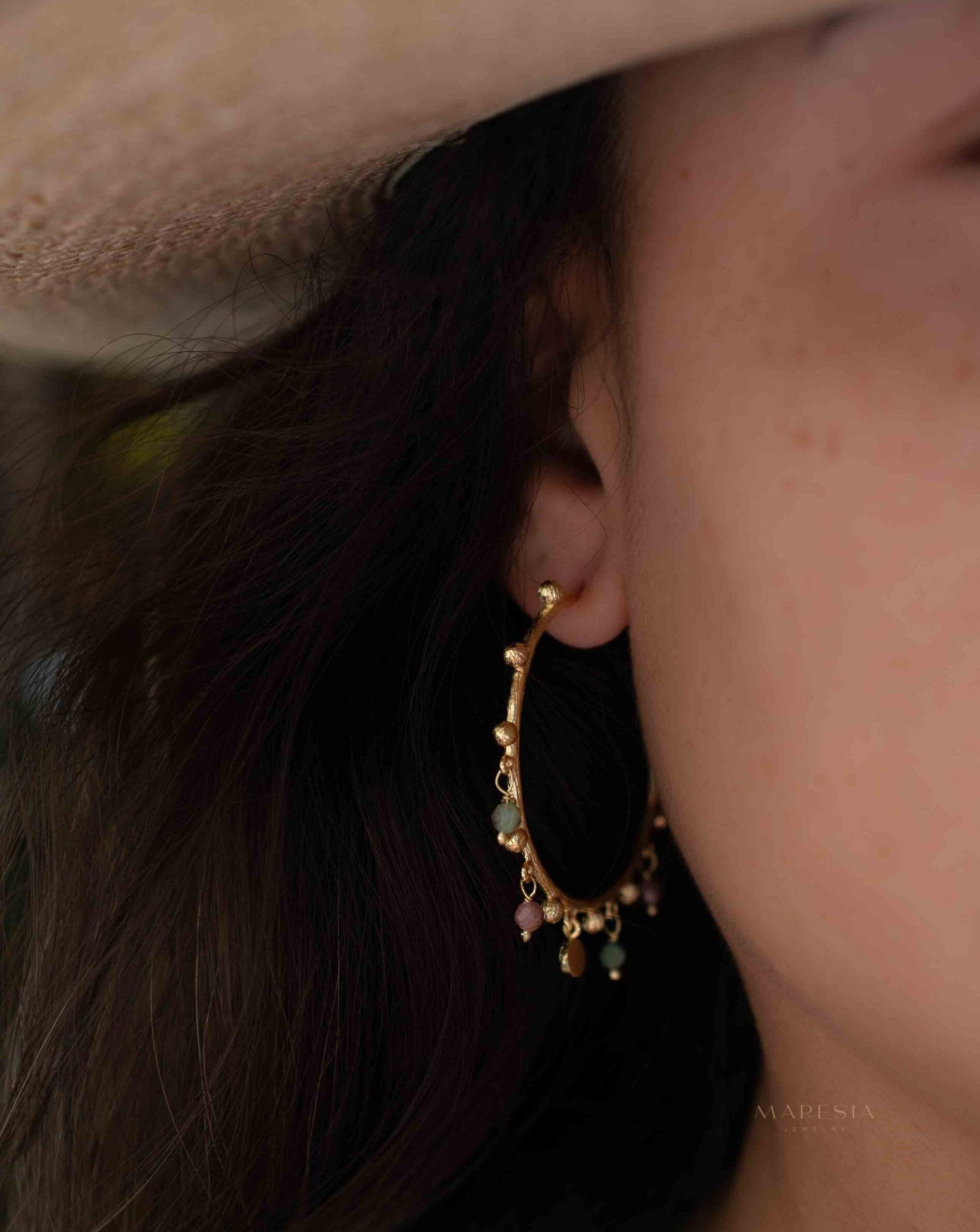 Tourmaline Hoop Earrings 18k Gold Plated Earrings ~ Gemstone ~ Post ~Boho design ~ Handmade ~ Jewelry ~ Gift for her ~ ME213