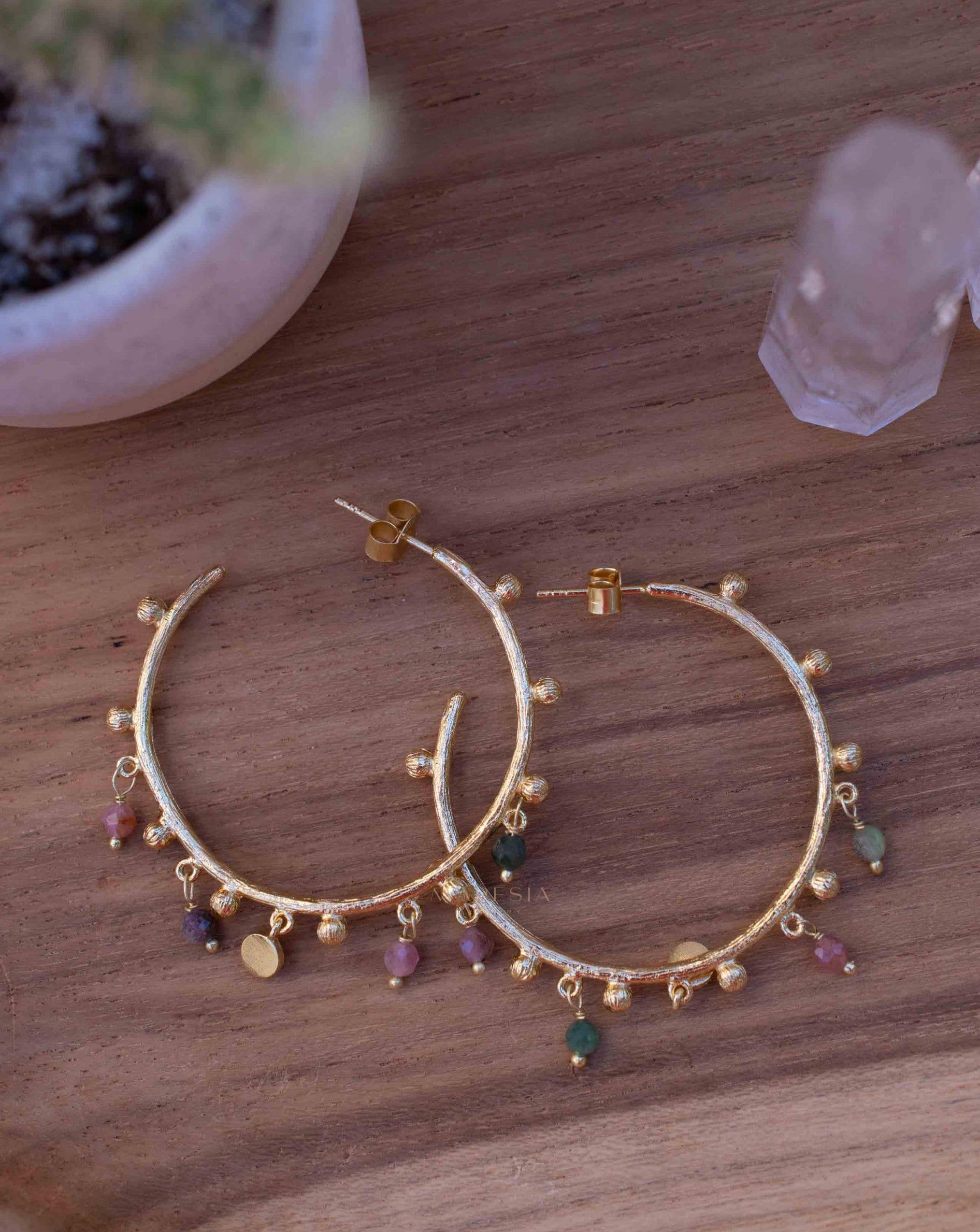 Tourmaline Hoop Earrings 18k Gold Plated Earrings ~ Gemstone ~ Post ~Boho design ~ Handmade ~ Jewelry ~ Gift for her ~ ME213