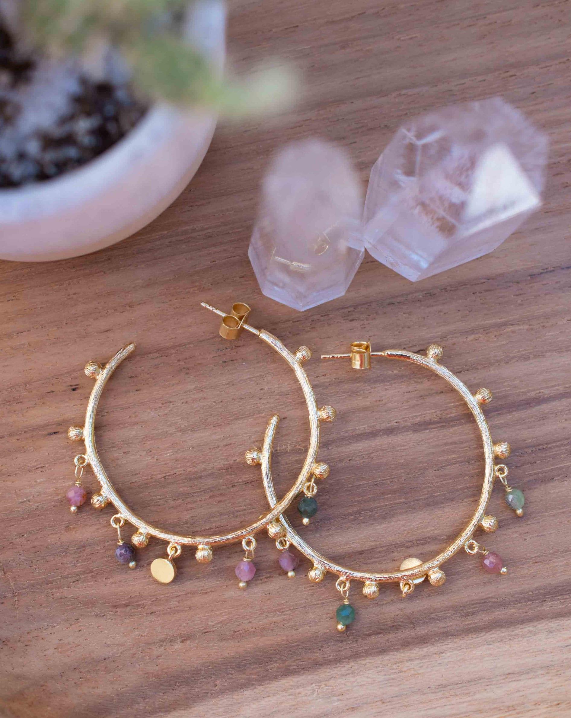 Tourmaline Hoop Earrings 18k Gold Plated Earrings ~ Gemstone ~ Post ~Boho design ~ Handmade ~ Jewelry ~ Gift for her ~ ME213