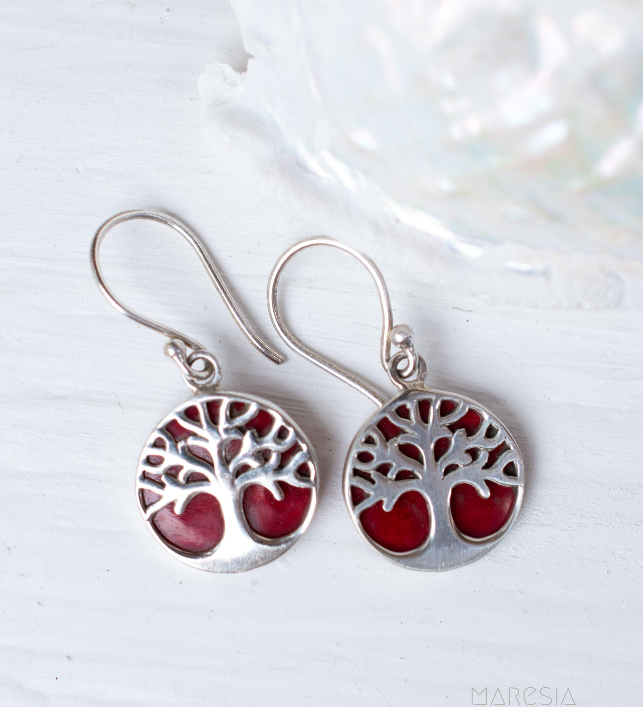 Tree of Life Coral Earrings ~ Sterling Silver 925 ~ SME069 - Maresia Jewelry