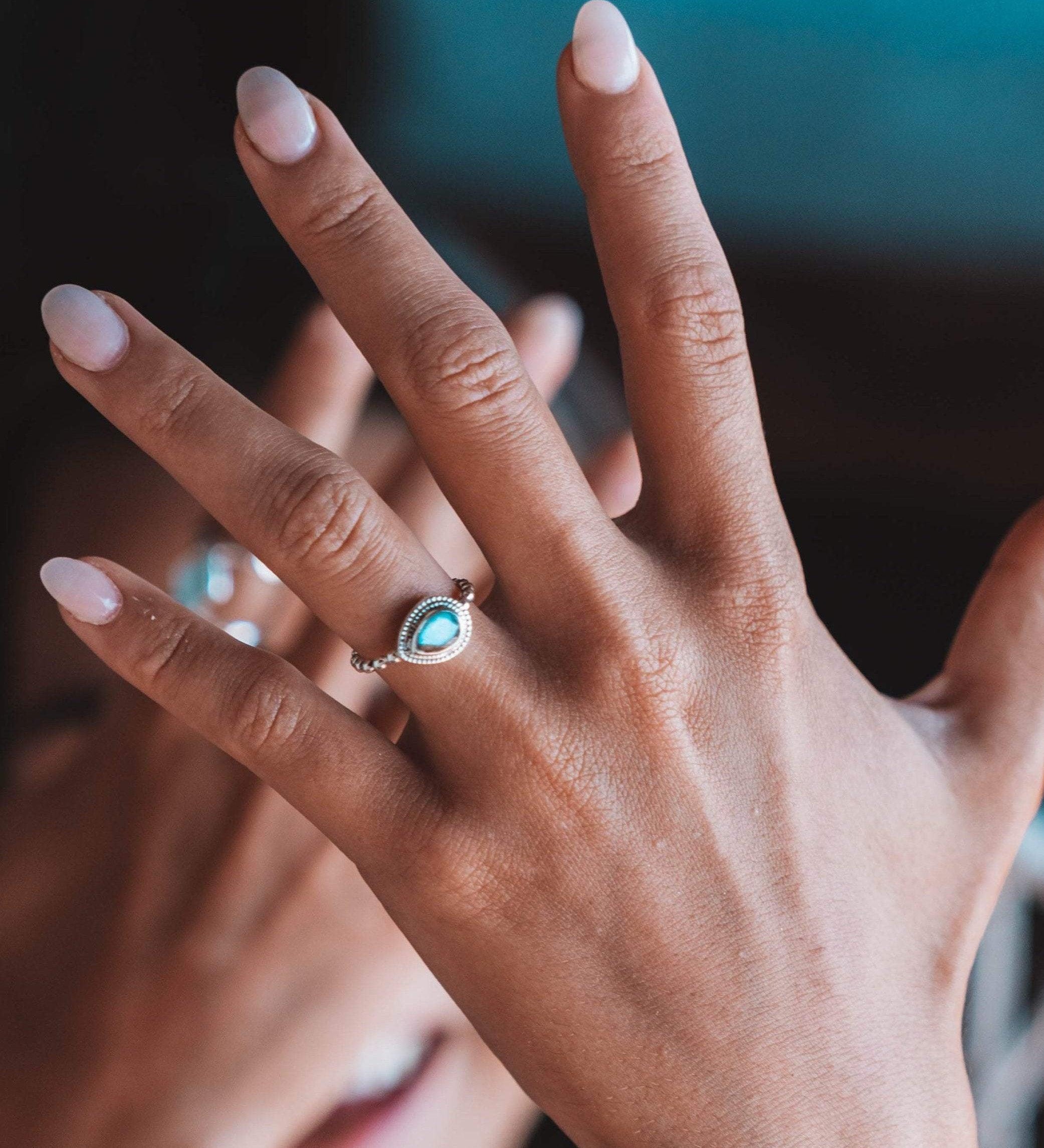 Aqua Chalcedony Ring ~ Sterling Silver 925 ~ Handmade ~ Gemstone ~ Thin ~ Stacking ~ Hippie ~ Gypsy ~ Boho ~ Bohemian~Tear Drop ~Blue ~MR253