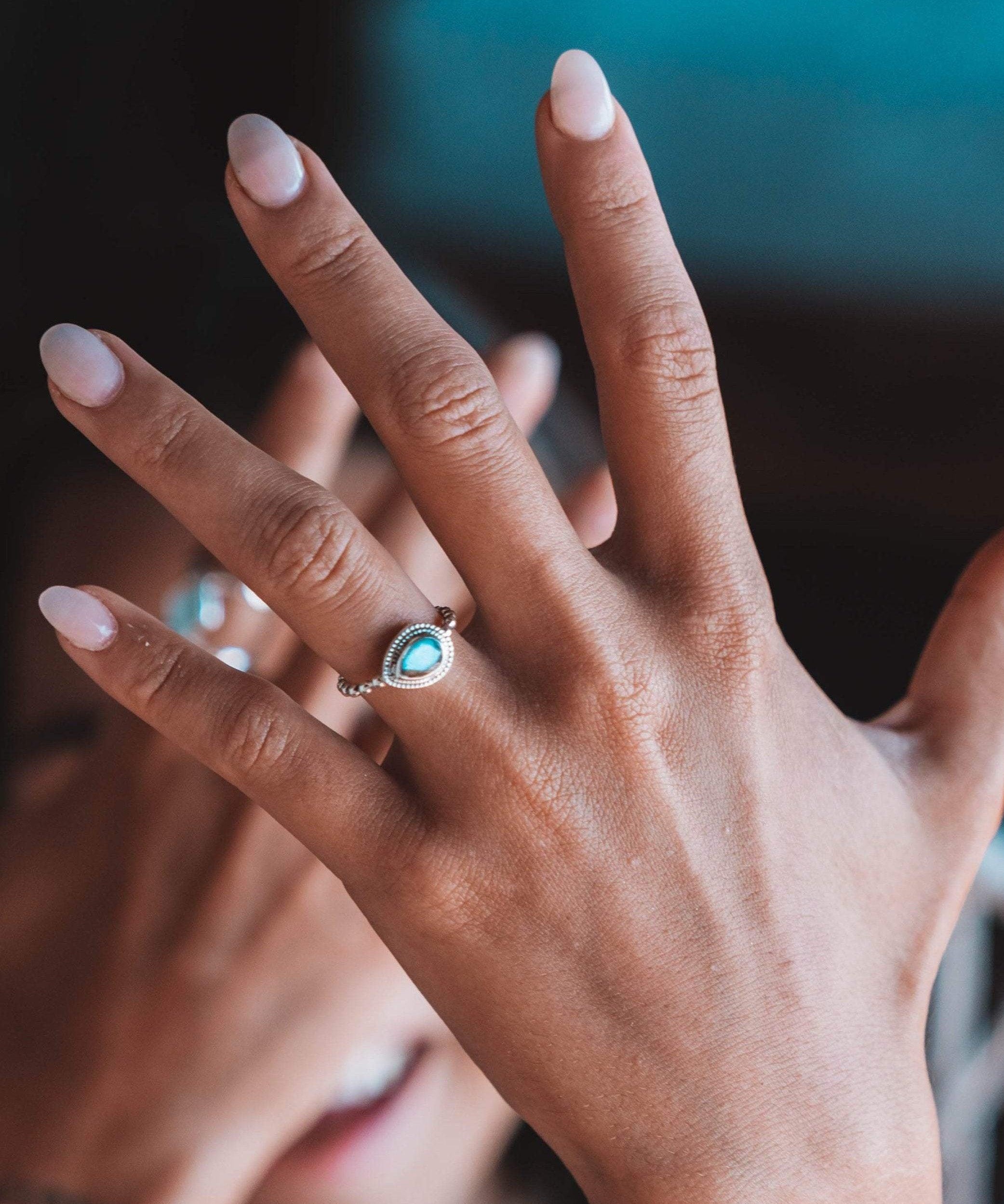 Aqua Chalcedony Ring ~ Sterling Silver 925 ~ Handmade ~ Gemstone ~ Thin ~ Stacking ~ Hippie ~ Gypsy ~ Boho ~ Bohemian~Tear Drop ~Blue ~MR253