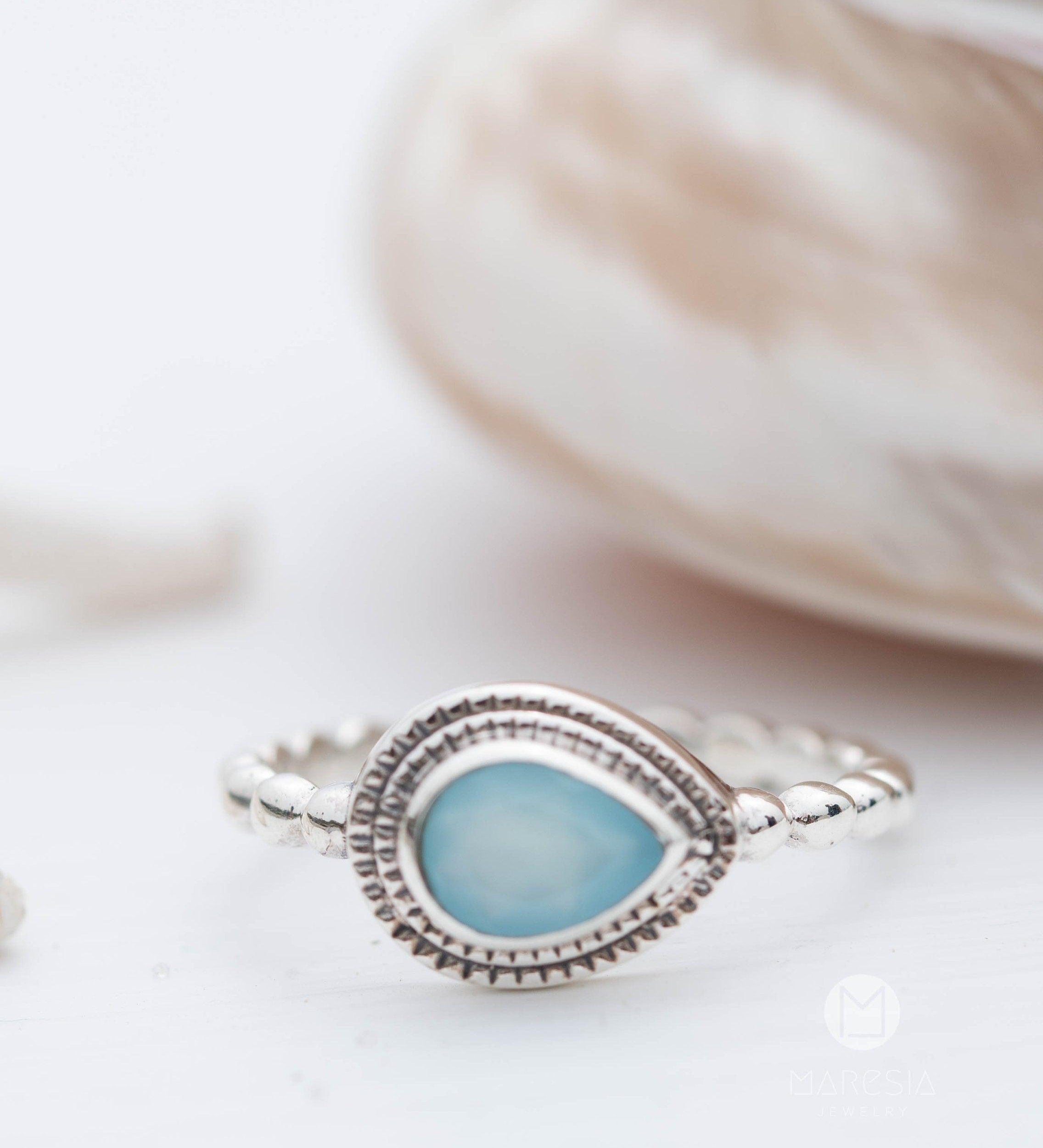 Aqua Chalcedony Ring ~ Sterling Silver 925 ~ Handmade ~ Gemstone ~ Thin ~ Stacking ~ Hippie ~ Gypsy ~ Boho ~ Bohemian~Tear Drop ~Blue ~MR253