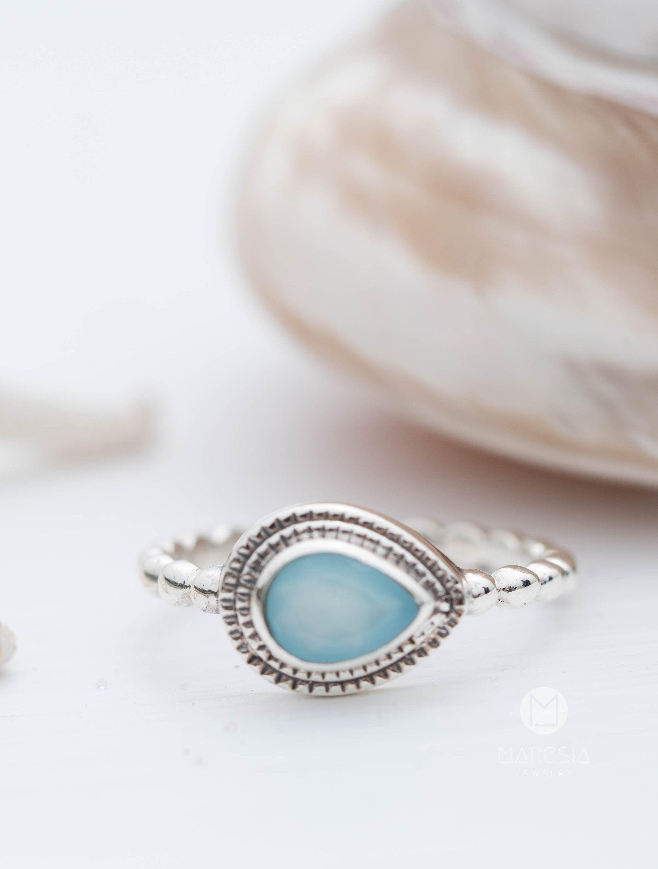 Aqua Chalcedony Ring ~ Sterling Silver 925 ~ Handmade ~ Gemstone ~ Thin ~ Stacking ~ Hippie ~ Gypsy ~ Boho ~ Bohemian~Tear Drop ~Blue ~MR253