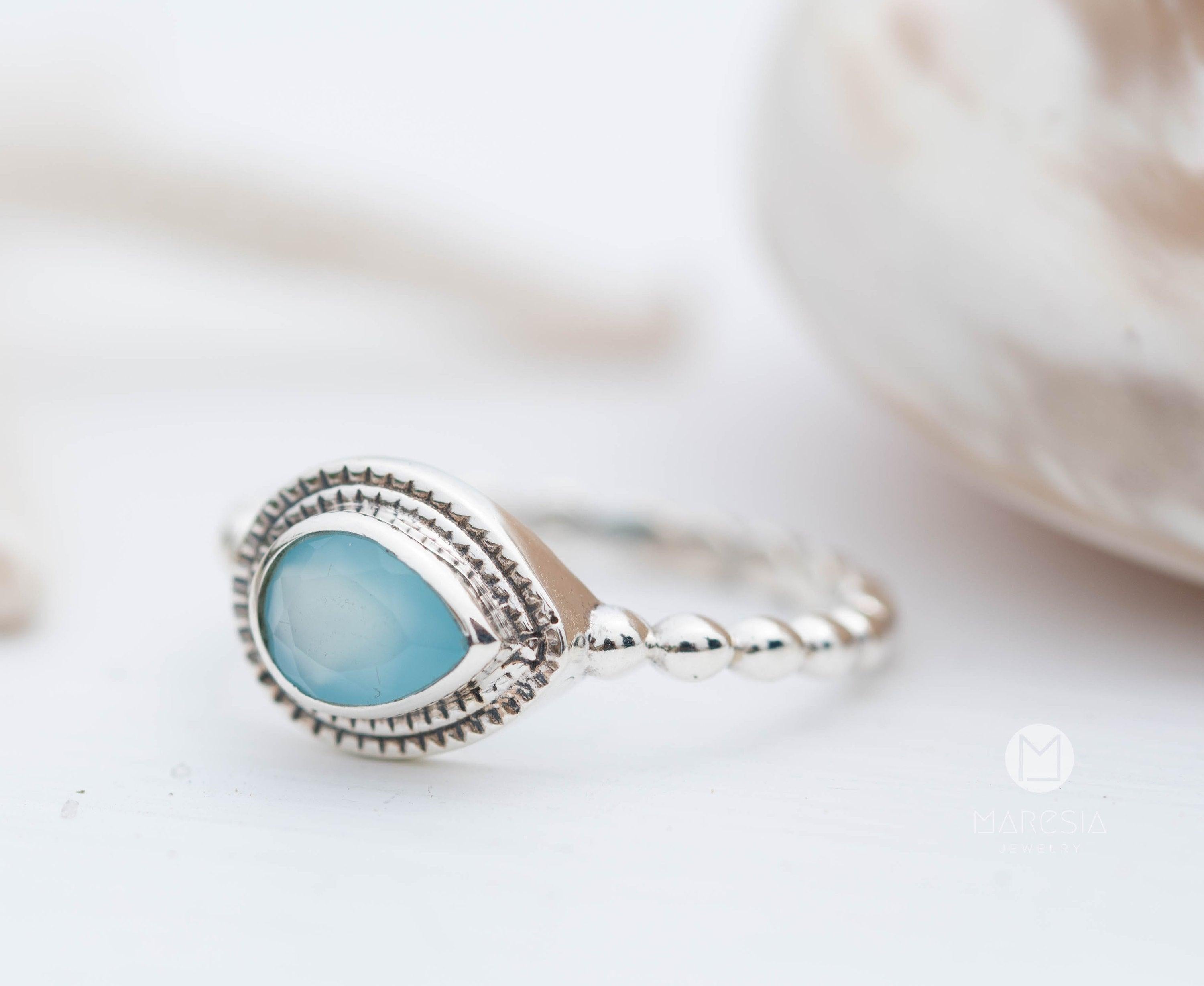 Aqua Chalcedony Ring ~ Sterling Silver 925 ~ Handmade ~ Gemstone ~ Thin ~ Stacking ~ Hippie ~ Gypsy ~ Boho ~ Bohemian~Tear Drop ~Blue ~MR253