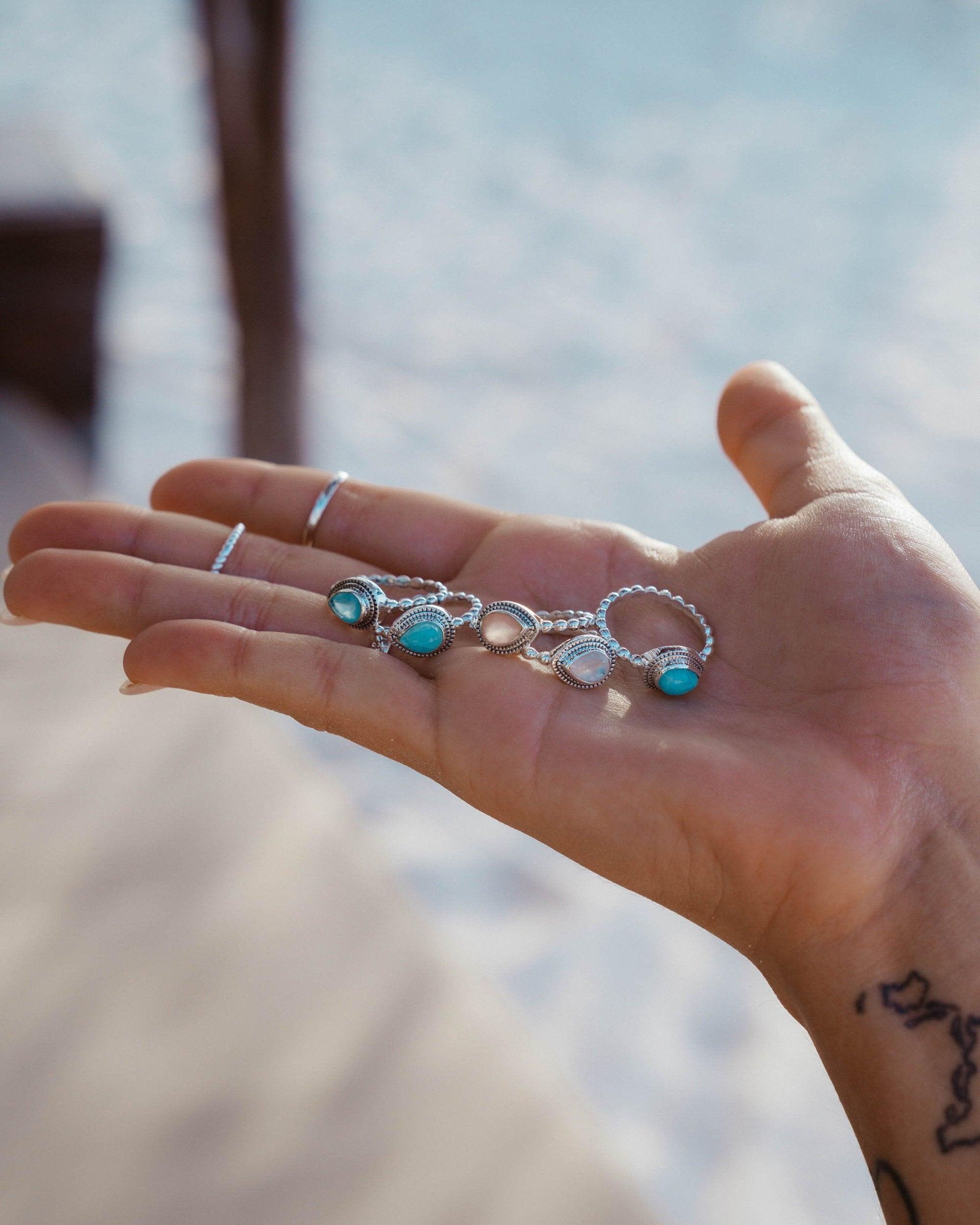 Aqua Chalcedony Ring ~ Sterling Silver 925 ~ Handmade ~ Gemstone ~ Thin ~ Stacking ~ Hippie ~ Gypsy ~ Boho ~ Bohemian~Tear Drop ~Blue ~MR253