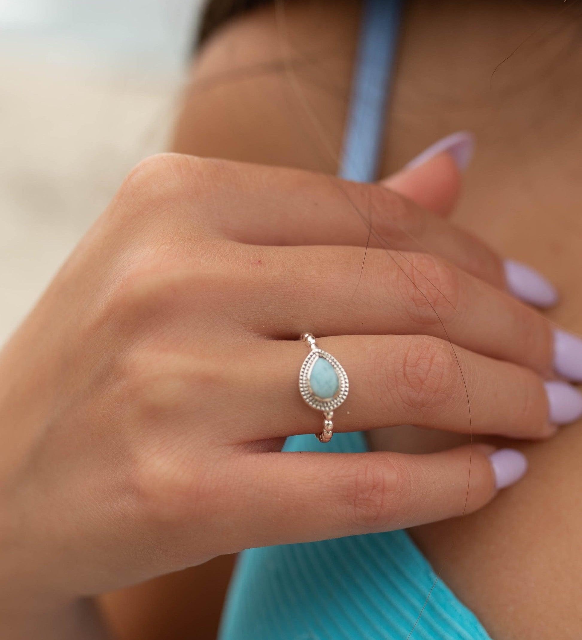 Larimar Ring ~ Statement ~ Gemstone ~ Semi Precious Stone ~ Blue ~ White ~ Natural ~ Organic ~ Sterling Silver 925~Tear Drop~Thin Band~MR256