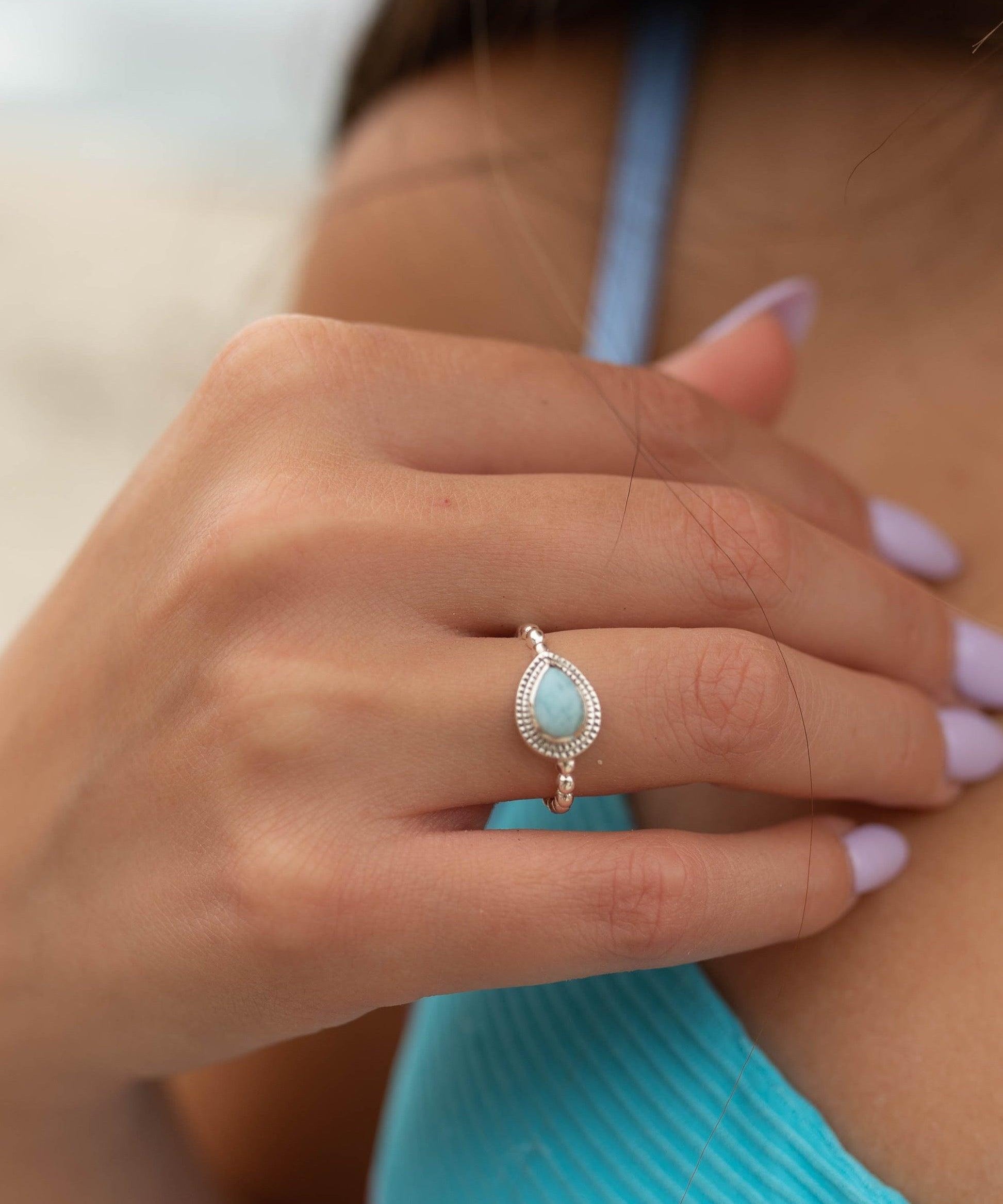 Larimar Ring ~ Statement ~ Gemstone ~ Semi Precious Stone ~ Blue ~ White ~ Natural ~ Organic ~ Sterling Silver 925~Tear Drop~Thin Band~MR256