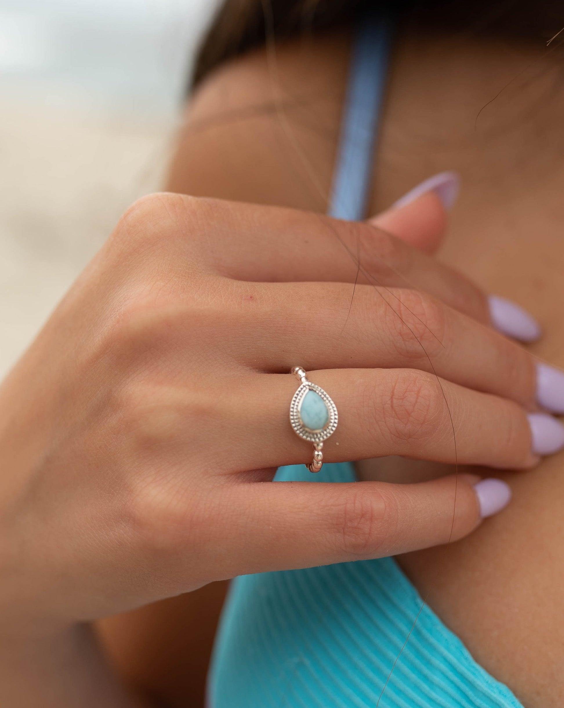 Larimar Ring ~ Statement ~ Gemstone ~ Semi Precious Stone ~ Blue ~ White ~ Natural ~ Organic ~ Sterling Silver 925~Tear Drop~Thin Band~MR256