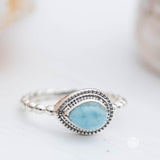 Larimar Ring ~ Statement ~ Gemstone ~ Semi Precious Stone ~ Blue ~ White ~ Natural ~ Organic ~ Sterling Silver 925~Tear Drop~Thin Band~MR256