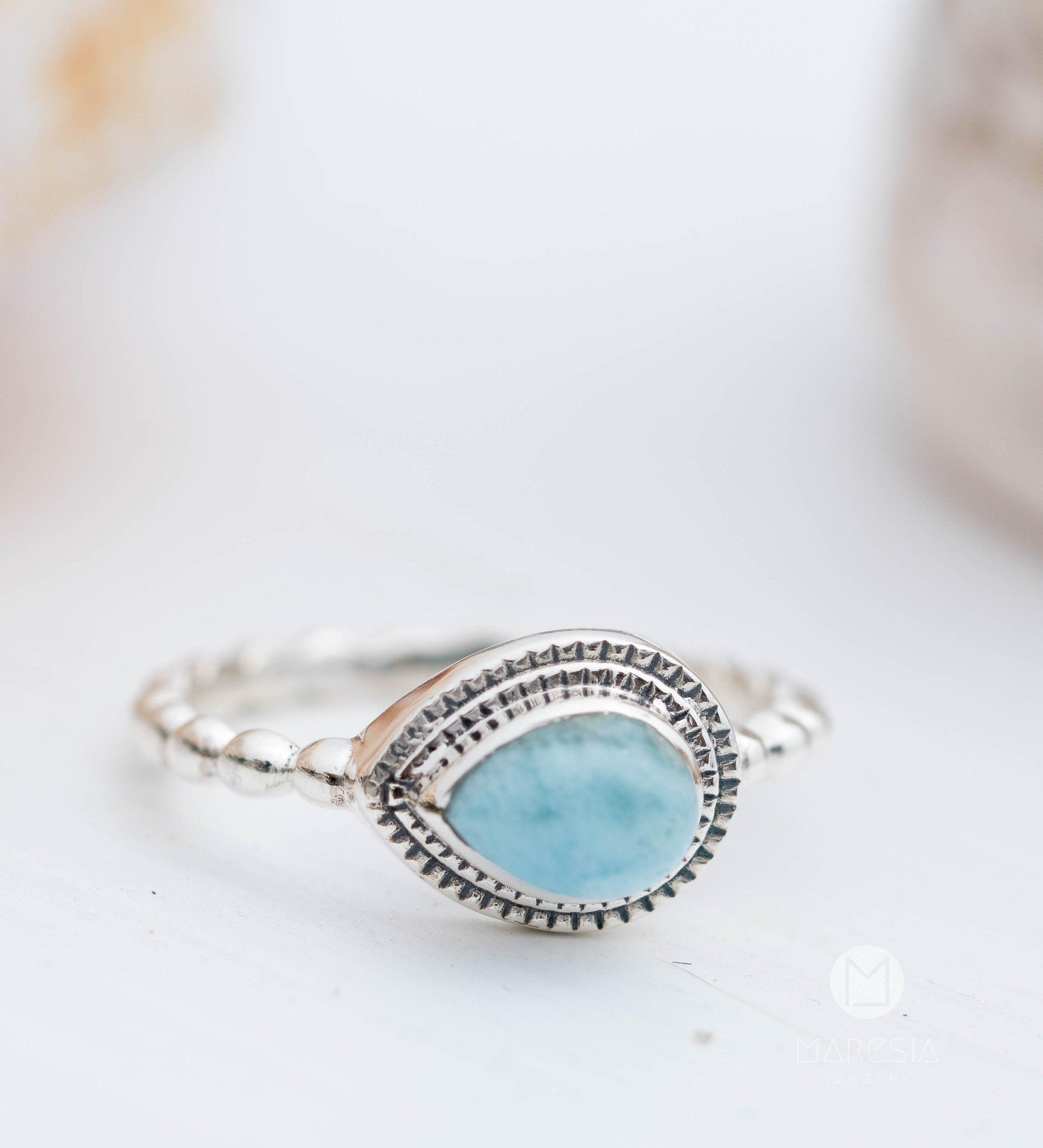 Larimar Ring ~ Statement ~ Gemstone ~ Semi Precious Stone ~ Blue ~ White ~ Natural ~ Organic ~ Sterling Silver 925~Tear Drop~Thin Band~MR256