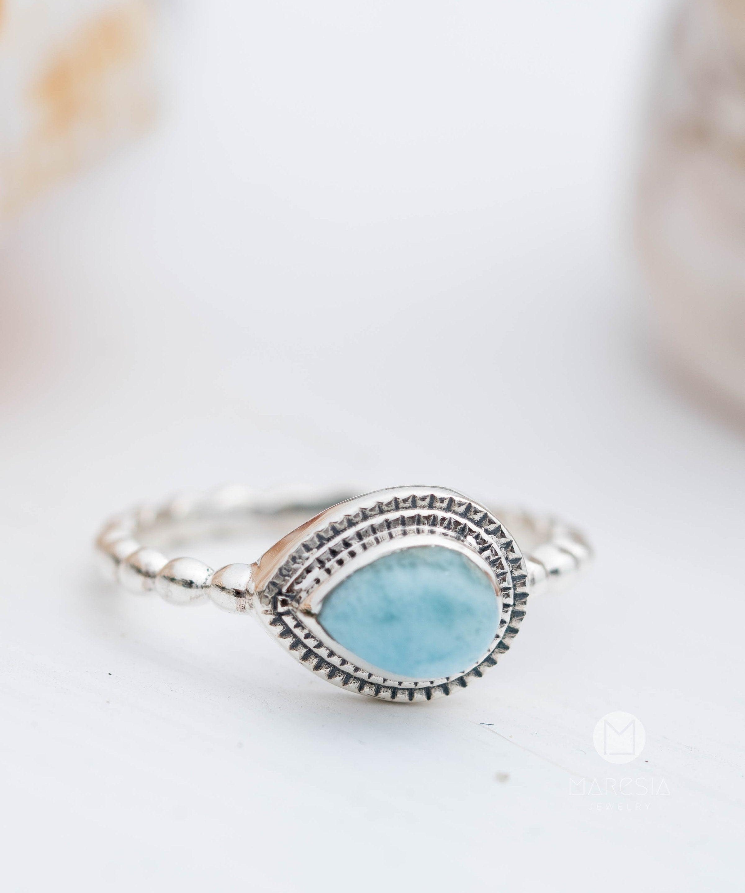 Larimar Ring ~ Statement ~ Gemstone ~ Semi Precious Stone ~ Blue ~ White ~ Natural ~ Organic ~ Sterling Silver 925~Tear Drop~Thin Band~MR256
