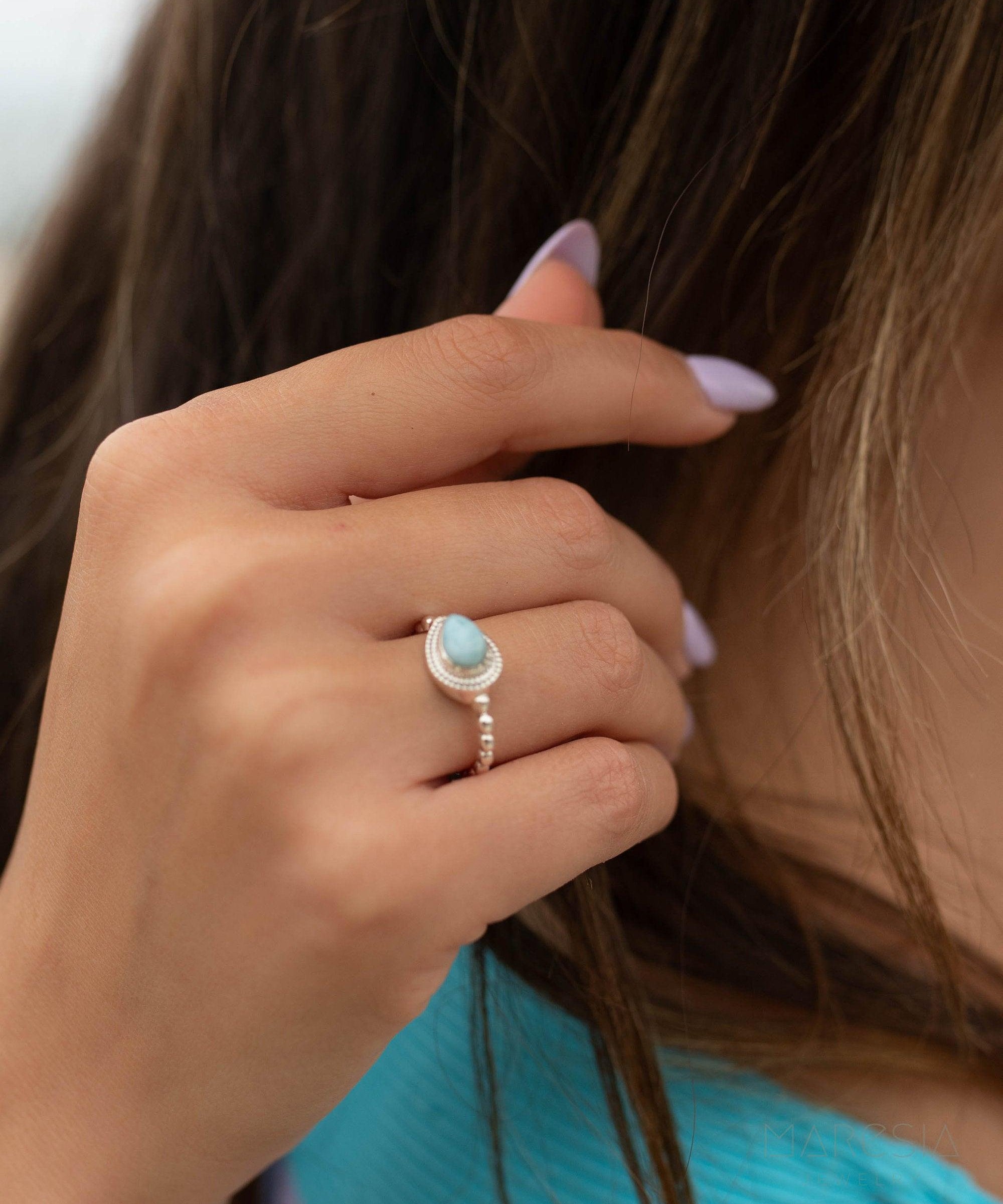 Larimar Ring ~ Statement ~ Gemstone ~ Semi Precious Stone ~ Blue ~ White ~ Natural ~ Organic ~ Sterling Silver 925~Tear Drop~Thin Band~MR256