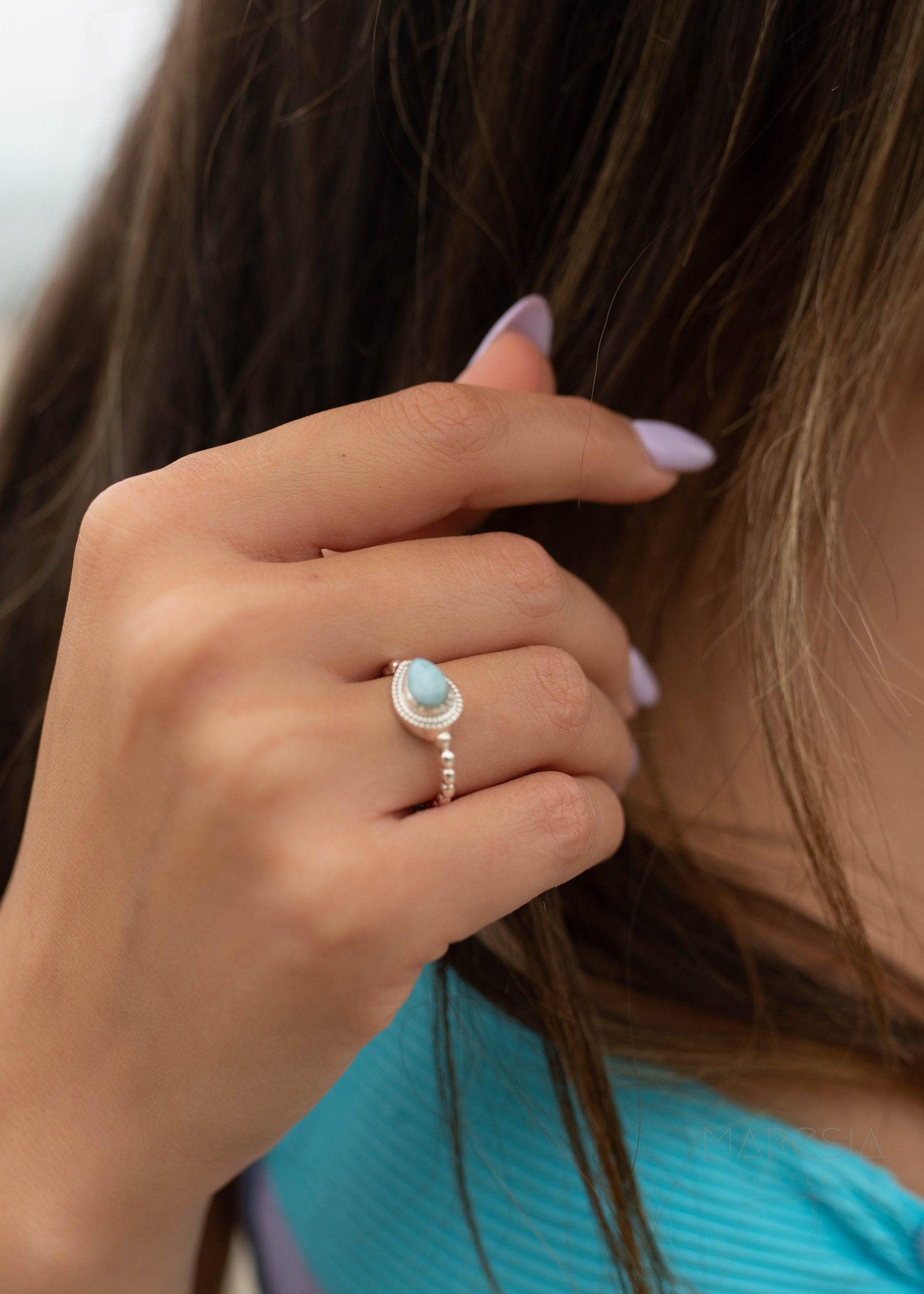 Larimar Ring ~ Statement ~ Gemstone ~ Semi Precious Stone ~ Blue ~ White ~ Natural ~ Organic ~ Sterling Silver 925~Tear Drop~Thin Band~MR256