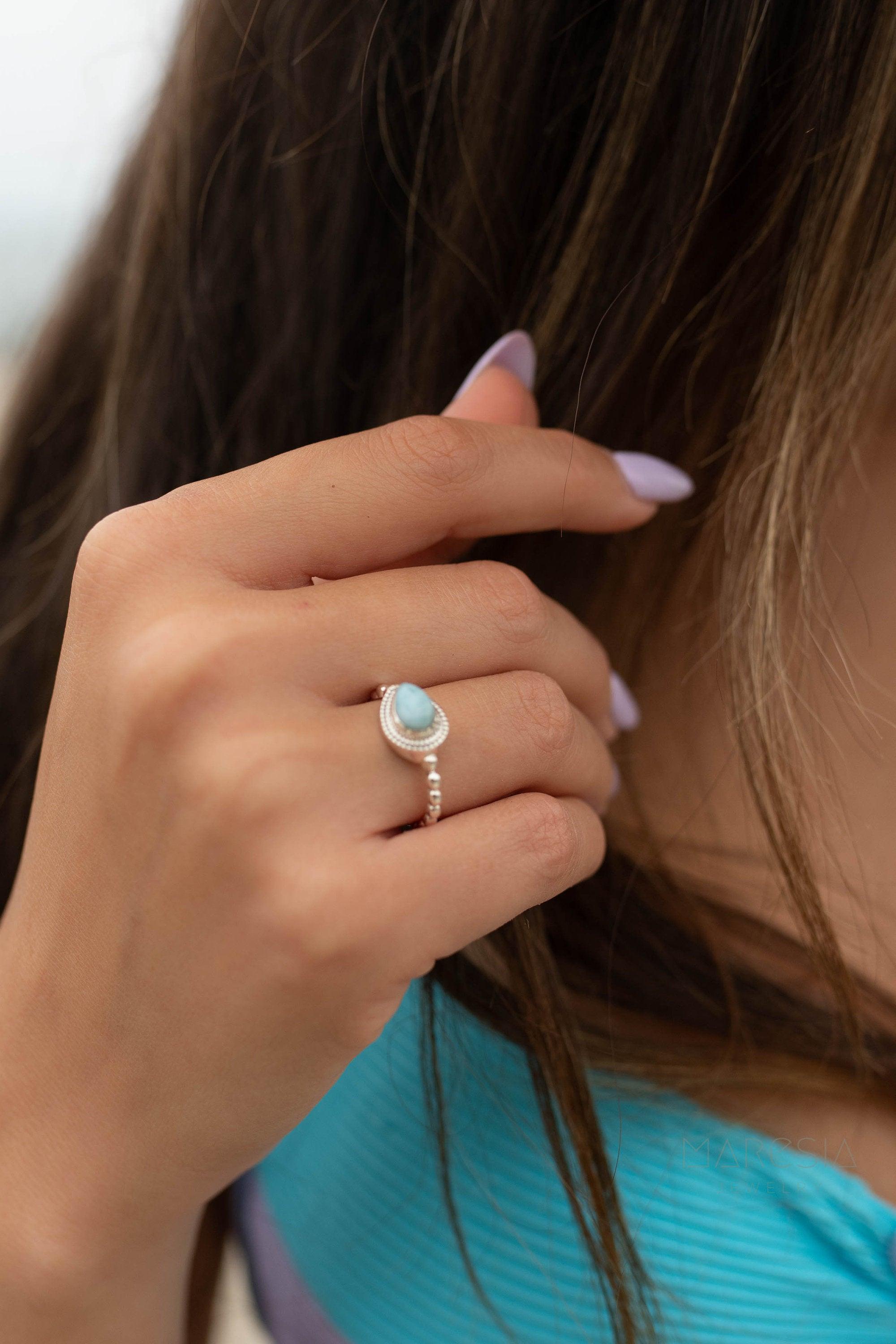 Larimar Ring ~ Statement ~ Gemstone ~ Semi Precious Stone ~ Blue ~ White ~ Natural ~ Organic ~ Sterling Silver 925~Tear Drop~Thin Band~MR256