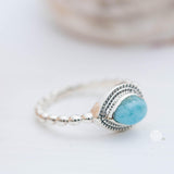 Larimar Ring ~ Statement ~ Gemstone ~ Semi Precious Stone ~ Blue ~ White ~ Natural ~ Organic ~ Sterling Silver 925~Tear Drop~Thin Band~MR256
