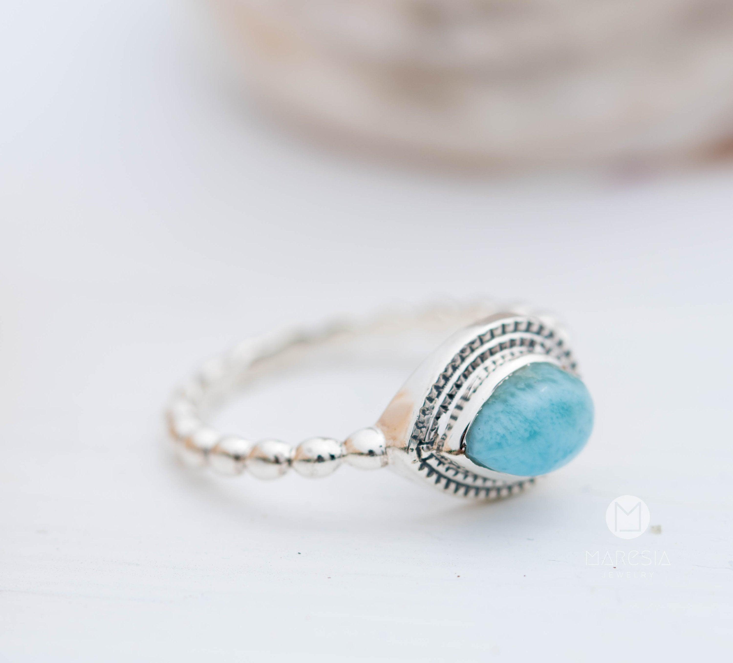 Larimar Ring ~ Statement ~ Gemstone ~ Semi Precious Stone ~ Blue ~ White ~ Natural ~ Organic ~ Sterling Silver 925~Tear Drop~Thin Band~MR256