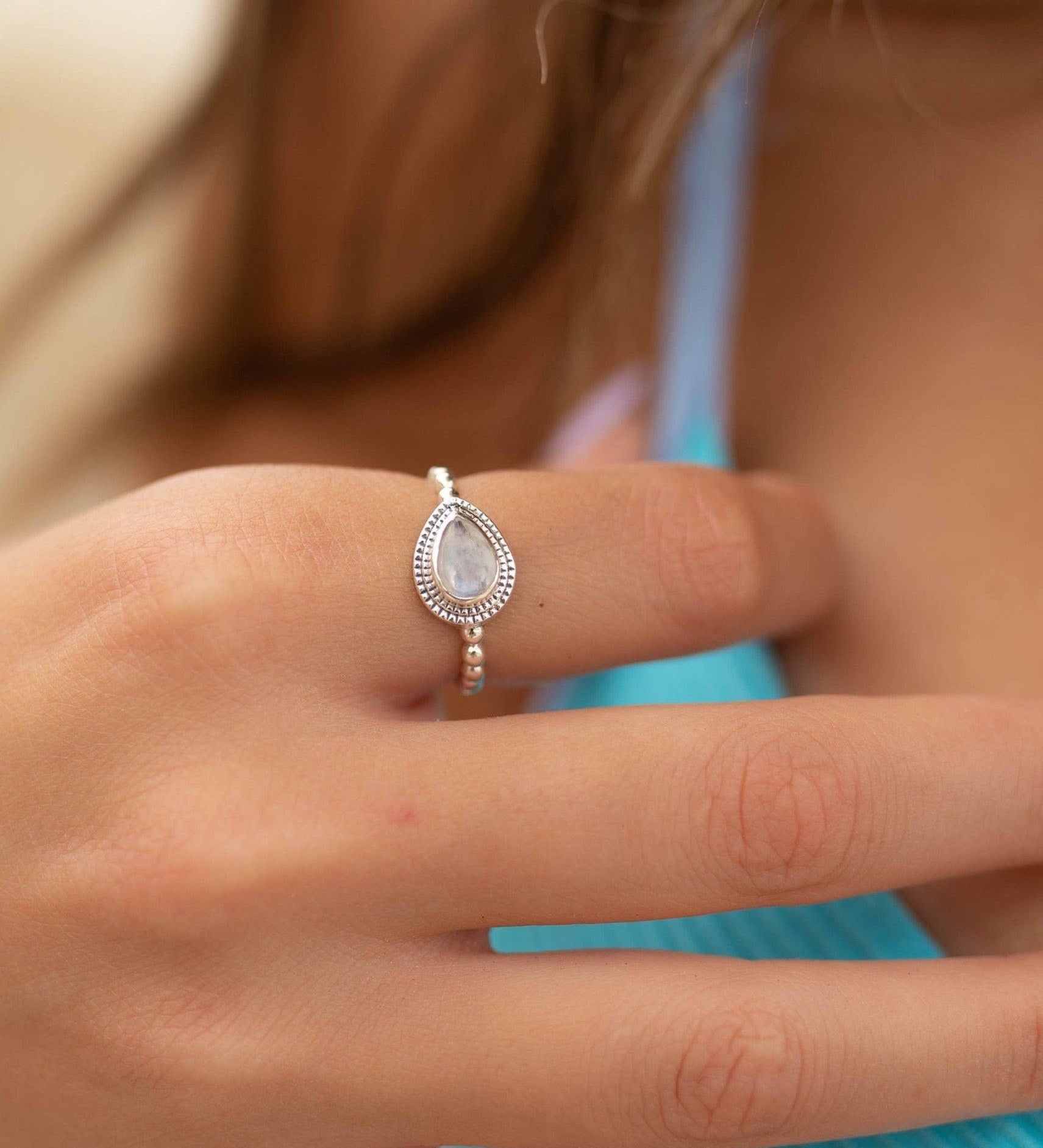 Moonstone Ring~ Sterling Silver 925 ~ Handmade ~ Gemstone ~Statement Tear Drop stone ~ Hippie ~Bohemian~June Birthstone~MR255