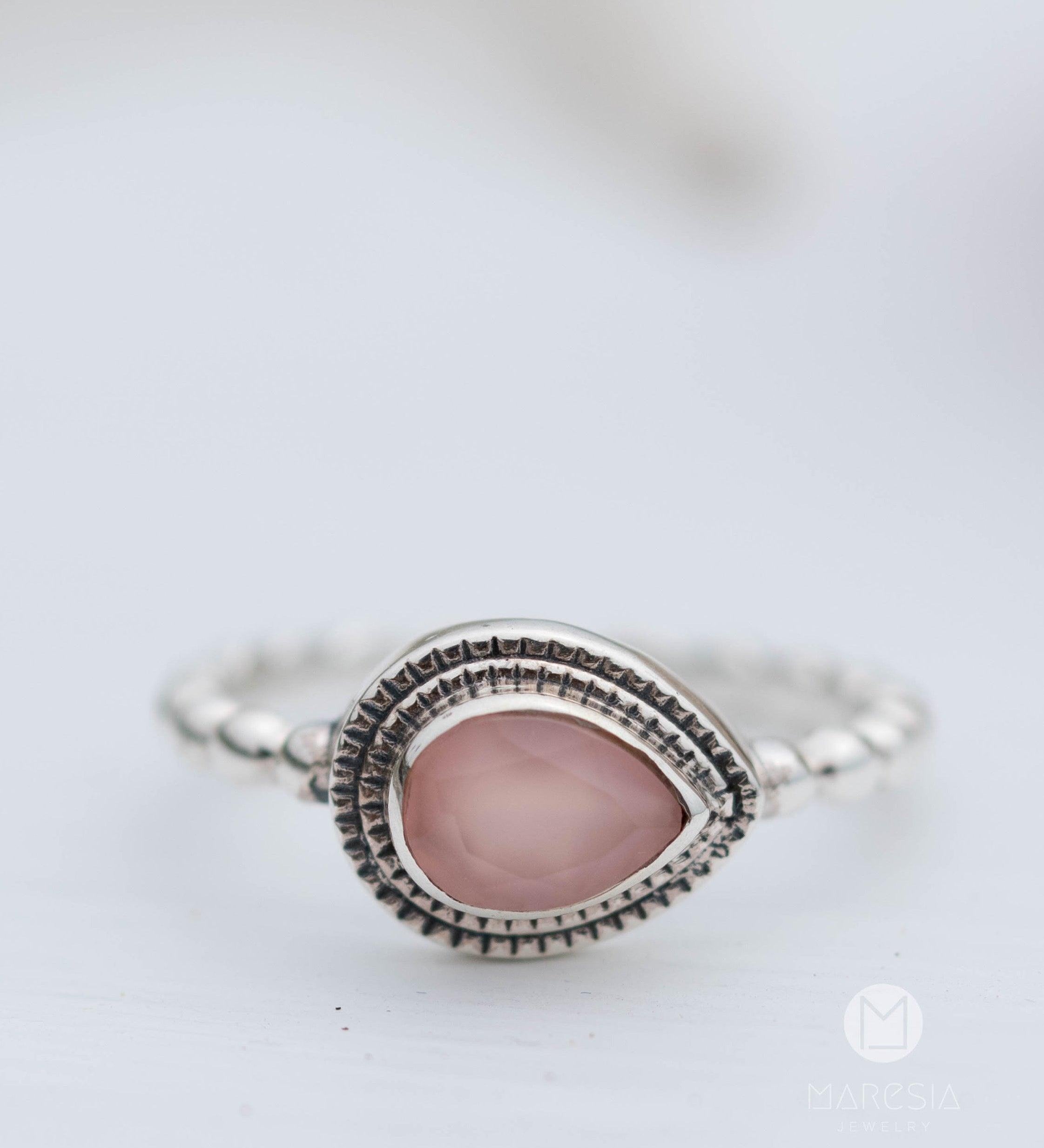 Pink chalcedony Tear Drop Ring ~ Gemstone ~ Natural ~ Sterling Silver 925 ~ Jewelry ~ Stackable ~ Handmade~ MR254