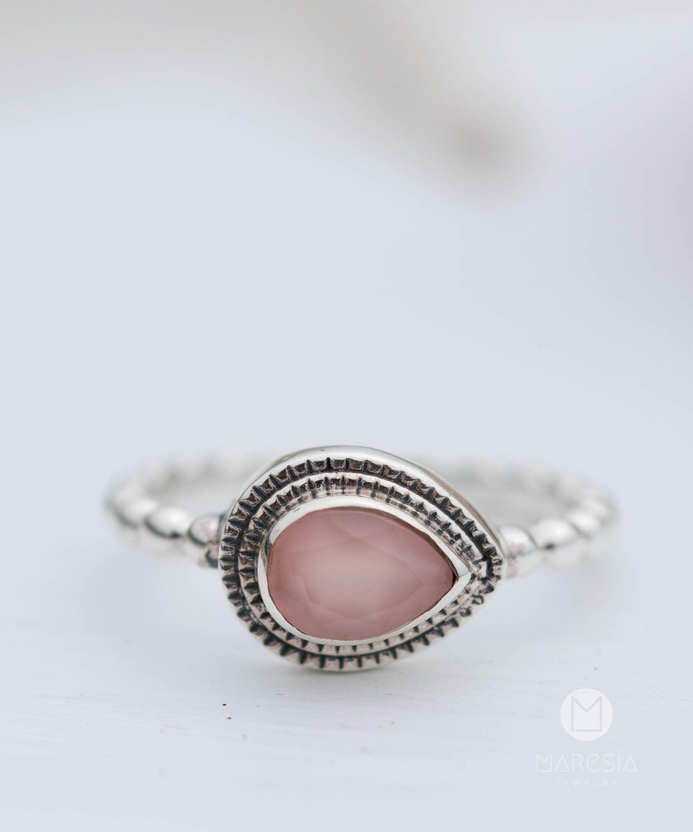 Pink chalcedony Tear Drop Ring ~ Gemstone ~ Natural ~ Sterling Silver 925 ~ Jewelry ~ Stackable ~ Handmade~ MR254
