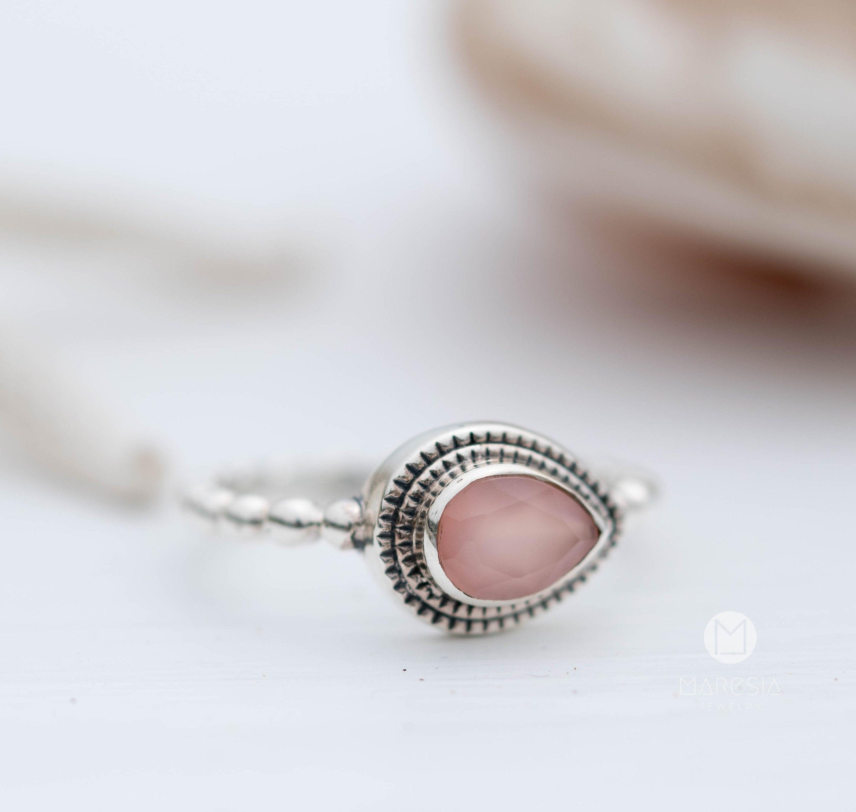 Pink chalcedony Tear Drop Ring ~ Gemstone ~ Natural ~ Sterling Silver 925 ~ Jewelry ~ Stackable ~ Handmade~ MR254