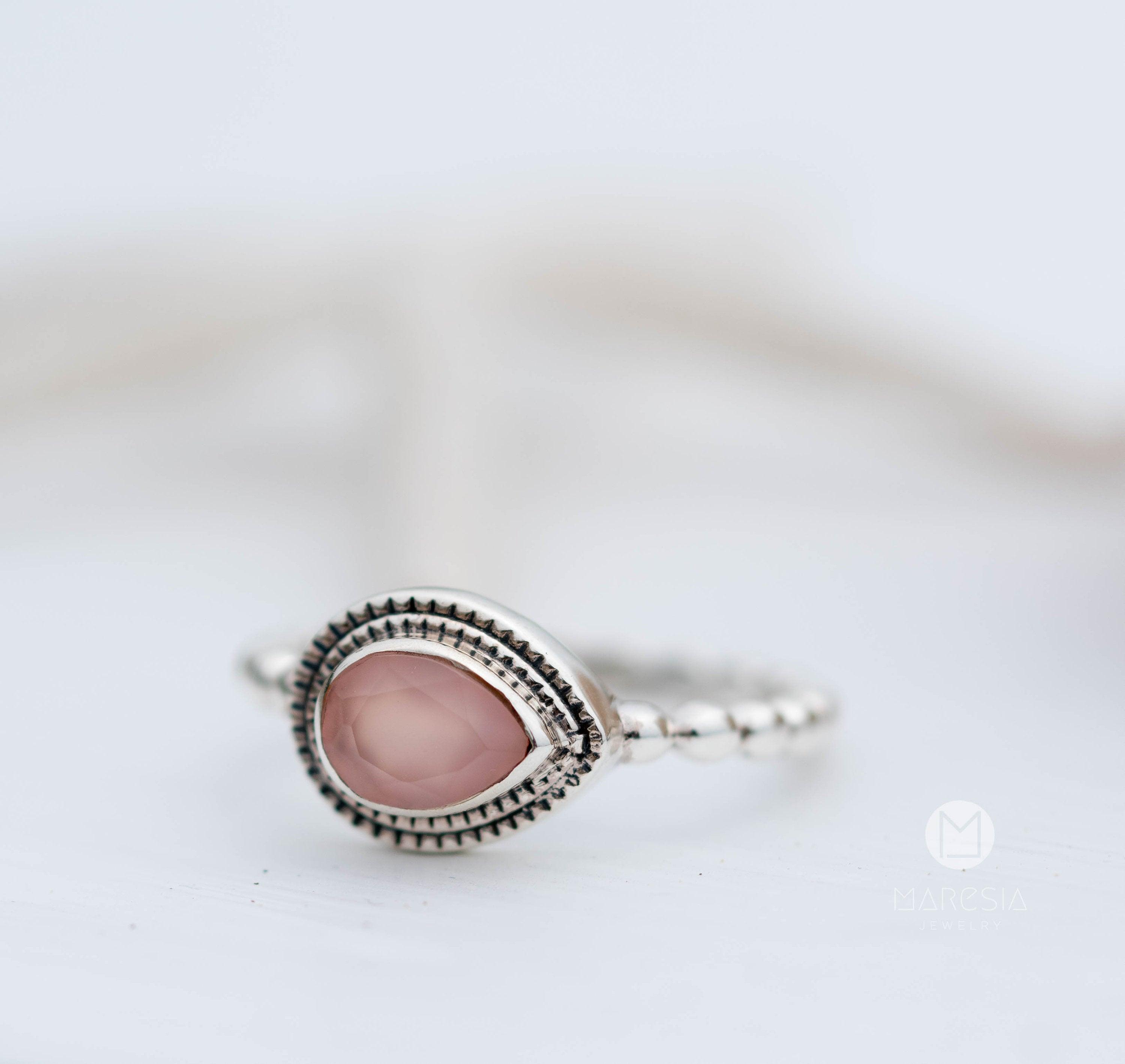 Pink chalcedony Tear Drop Ring ~ Gemstone ~ Natural ~ Sterling Silver 925 ~ Jewelry ~ Stackable ~ Handmade~ MR254