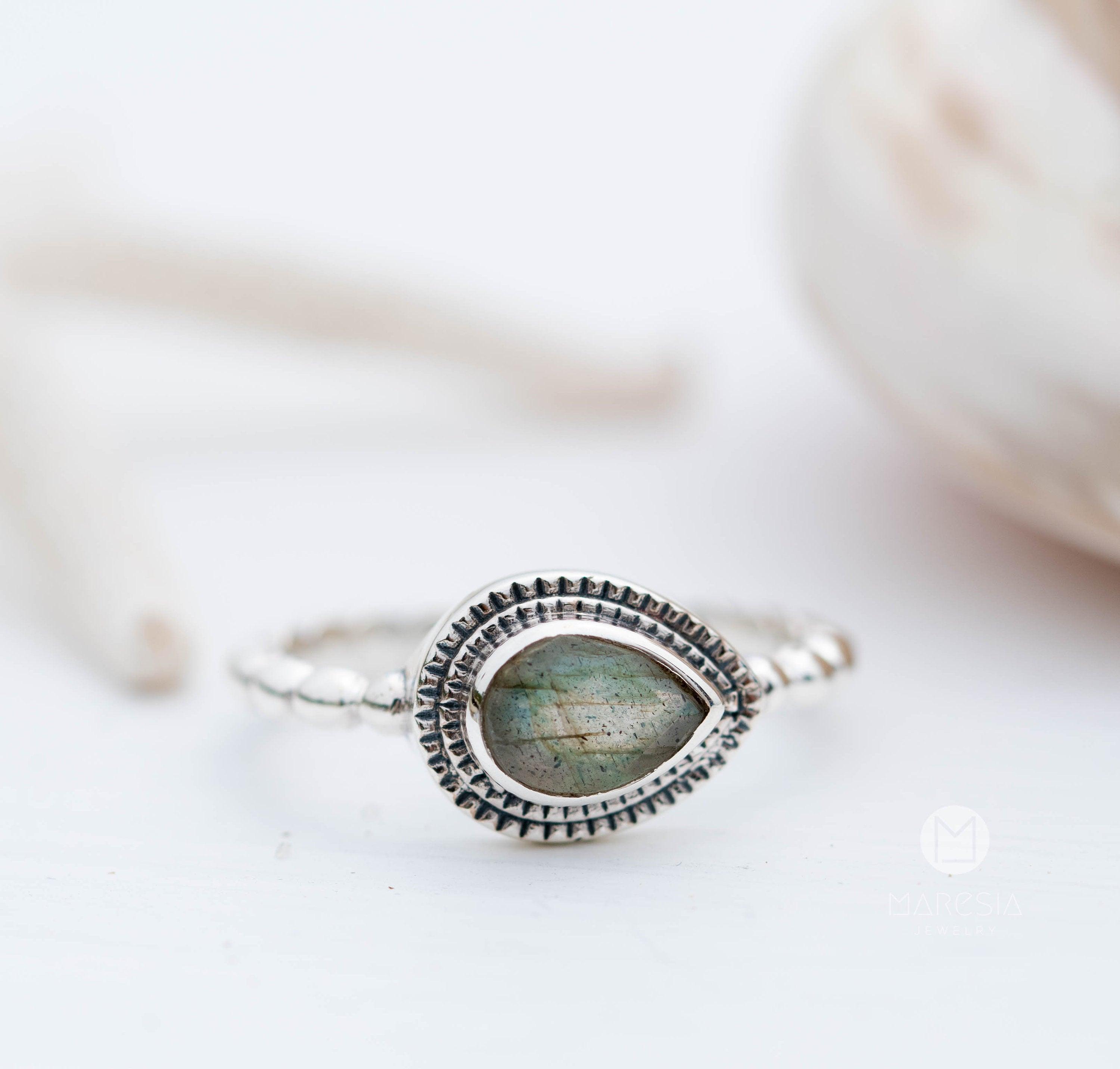 Rainbow Labradorite Tear Drop Ring ~ Gemstone ~ Natural ~ Sterling Silver 925~ Jewelry ~ Handmade~February Birthstone - MR257