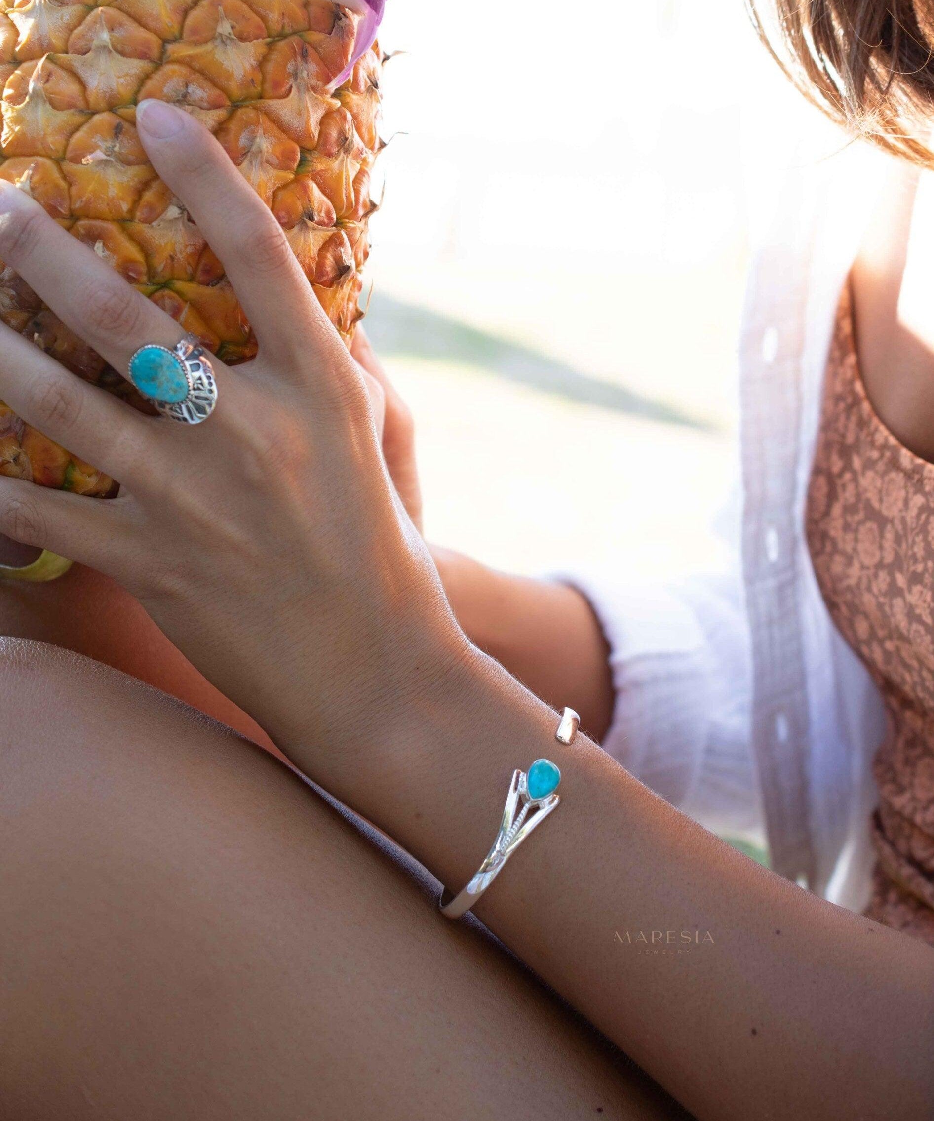 Turquoise Adjustable Bracelet ~ Sterling Silver 925 ~ Handmade ~ Statement ~Jewelry~ Minimalist ~ Genuine Stone ~ MB060