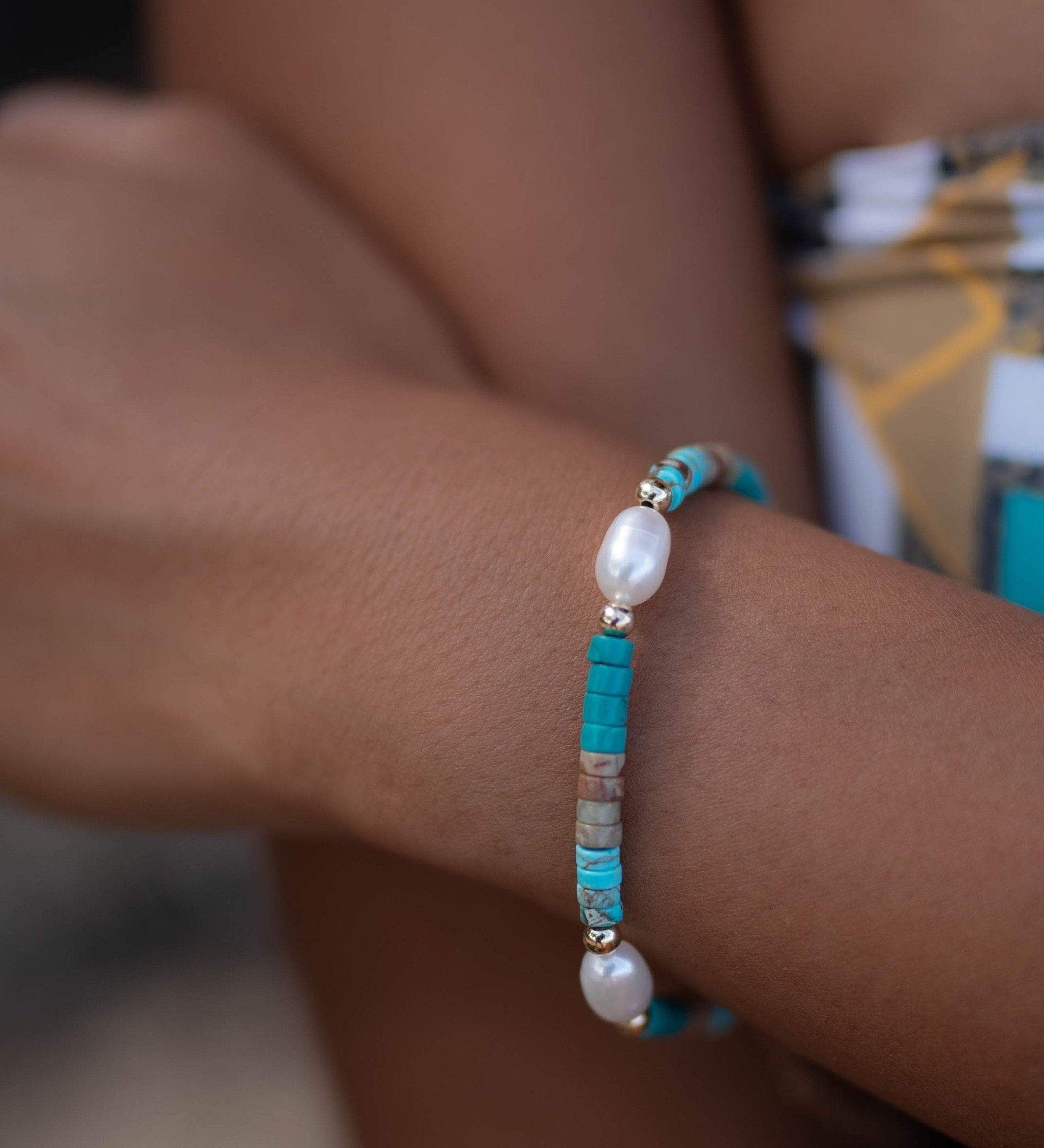 Turquoise & Pearl Bracelet ~ Gold Filled or Sterling Silver 925 ~ Handmade ~ Hippie ~Bohemian ~Jewelry ~Stackable ~Gemstone ~MR030