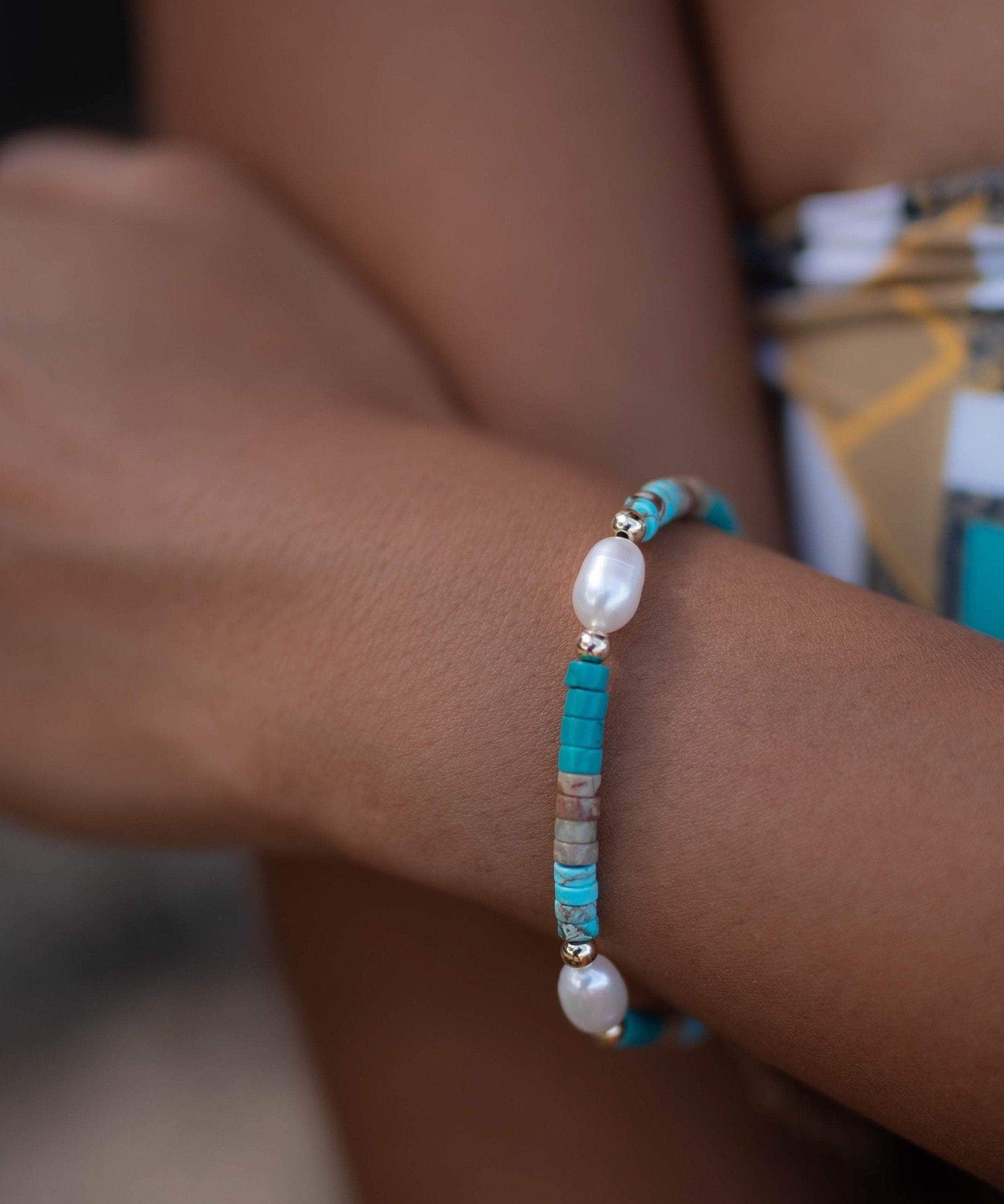 Turquoise & Pearl Bracelet ~ Gold Filled or Sterling Silver 925 ~ Handmade ~ Hippie ~Bohemian ~Jewelry ~Stackable ~Gemstone ~MR030