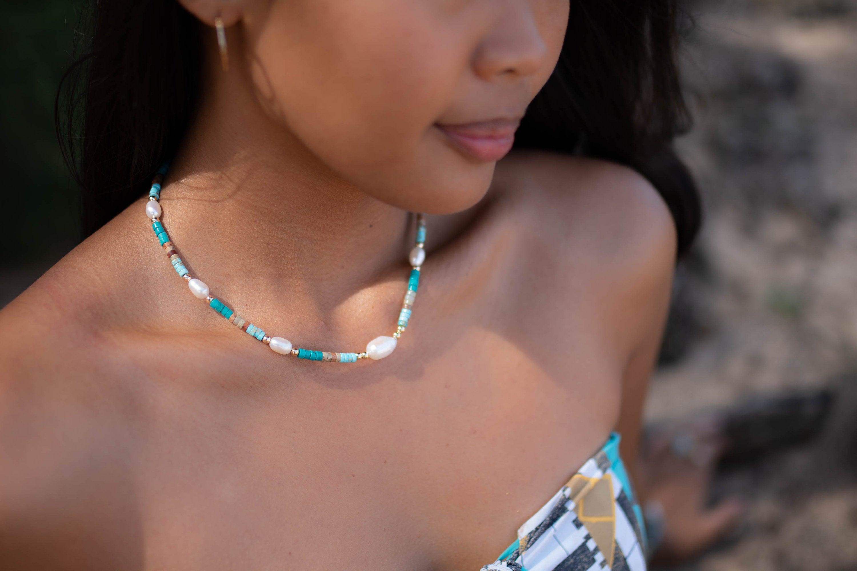Turquoise and Pearl necklace~ Sterling Silver 925 or Gold Filled ~ Choker ~ Jewelry ~ Gift For Her ~ Minimalist~ Handmade