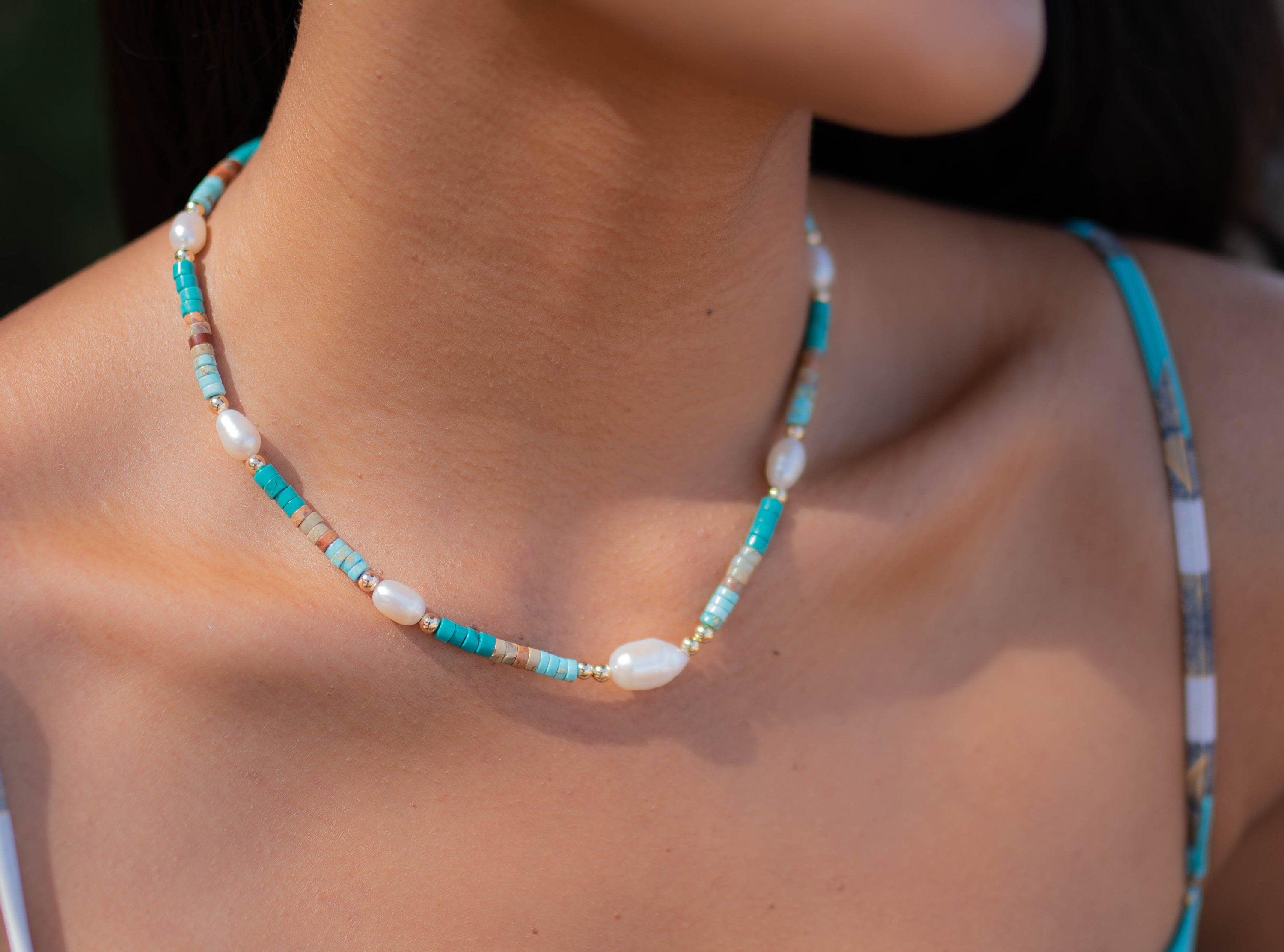 Turquoise and Pearl necklace~ Sterling Silver 925 or Gold Filled ~ Choker ~ Jewelry ~ Gift For Her ~ Minimalist~ Handmade