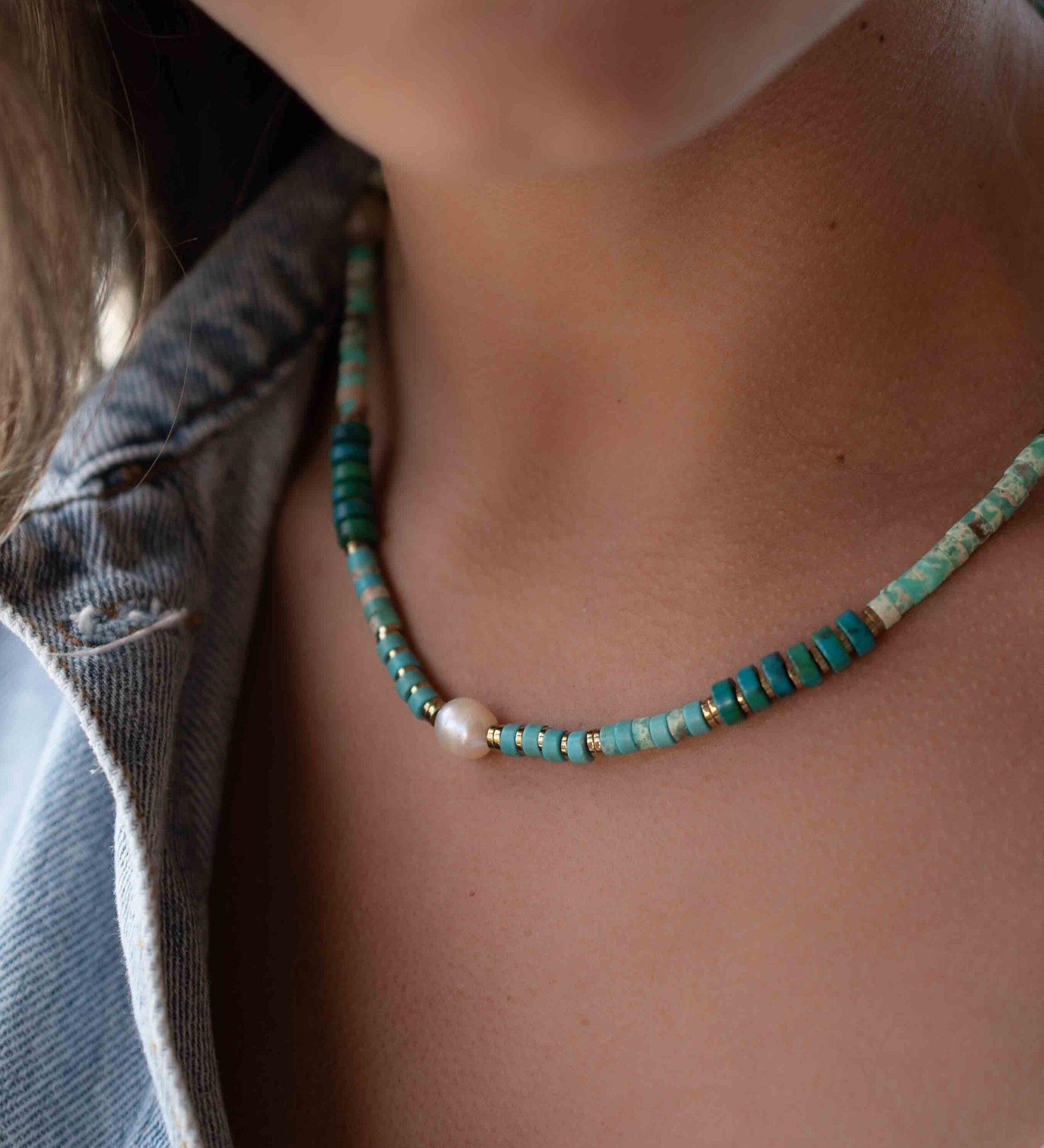 Turquoise, Jasper and Pearl necklace~ Sterling Silver 925 or Gold Filled ~ Choker ~ Jewelry ~ Gift For Her ~ Minimalist~ Handmade - MN095