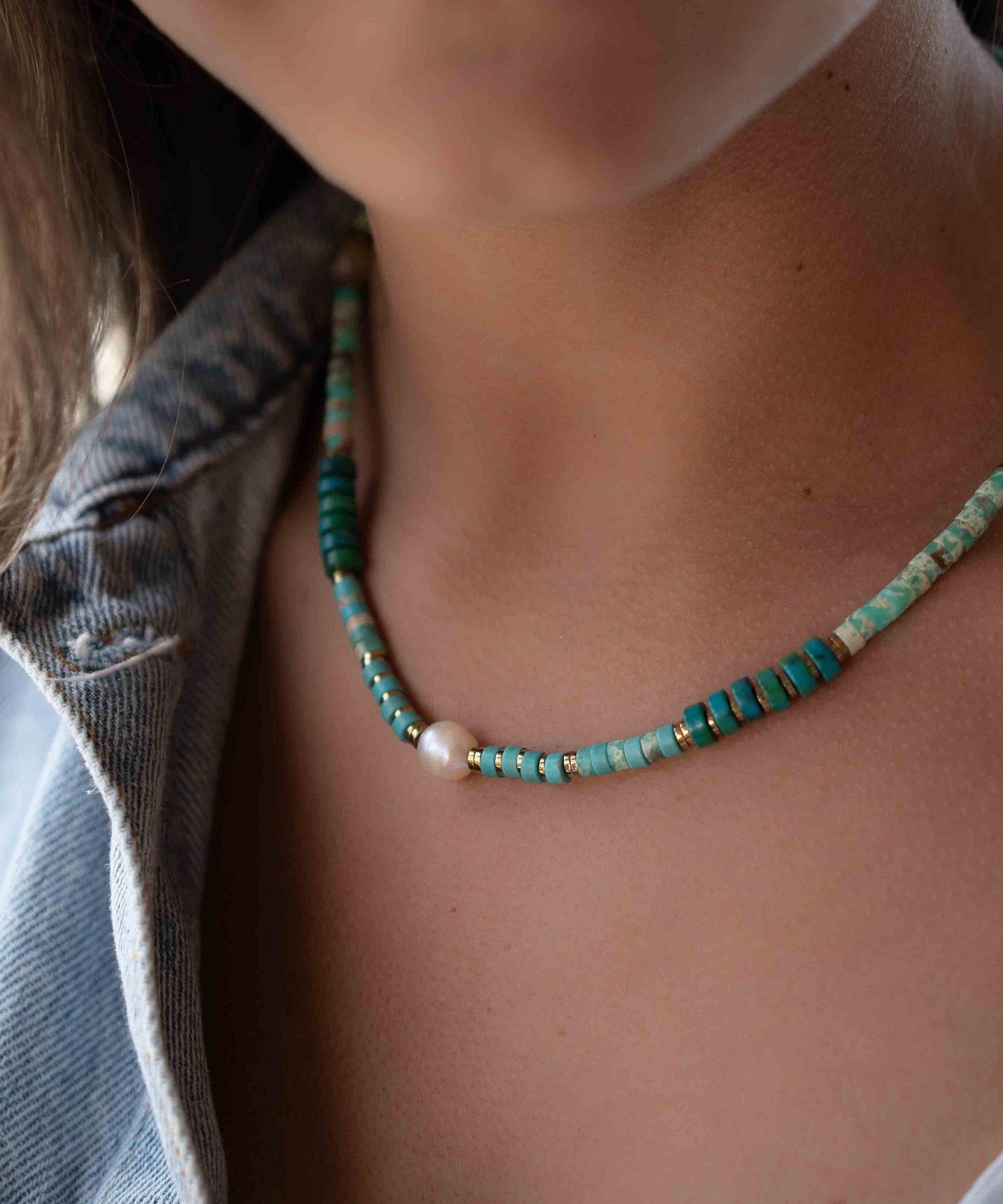 Turquoise, Jasper and Pearl necklace~ Sterling Silver 925 or Gold Filled ~ Choker ~ Jewelry ~ Gift For Her ~ Minimalist~ Handmade - MN095