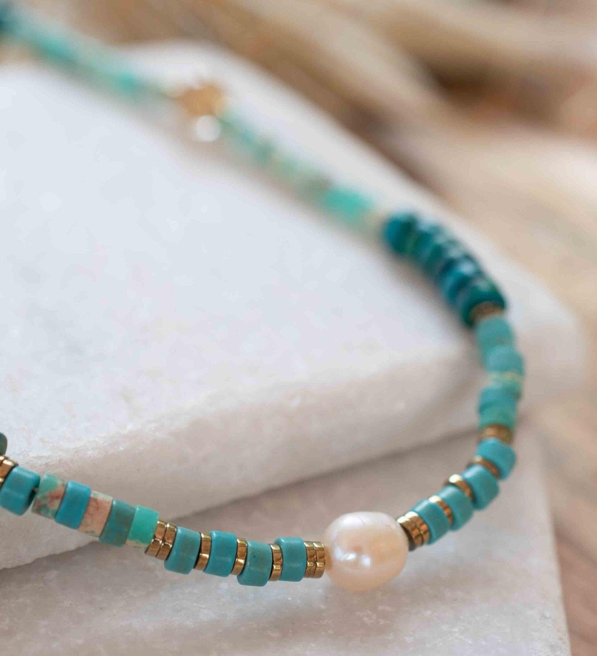 Turquoise, Jasper and Pearl necklace~ Sterling Silver 925 or Gold Filled ~ Choker ~ Jewelry ~ Gift For Her ~ Minimalist~ Handmade - MN095