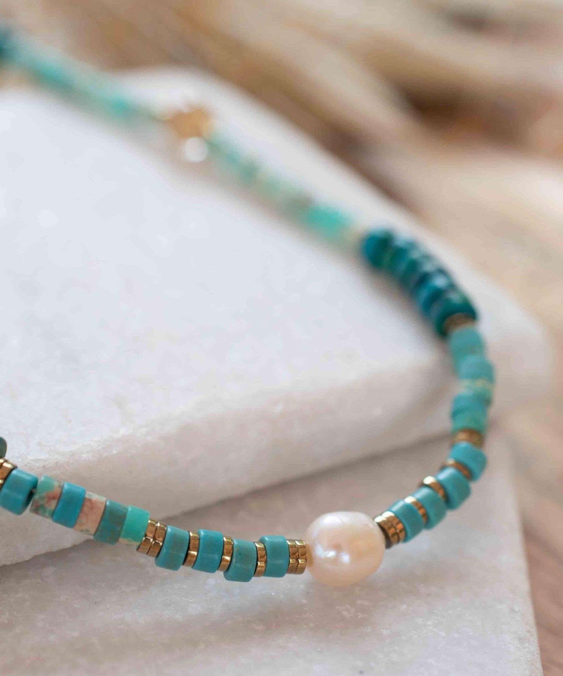 Turquoise, Jasper and Pearl necklace~ Sterling Silver 925 or Gold Filled ~ Choker ~ Jewelry ~ Gift For Her ~ Minimalist~ Handmade - MN095