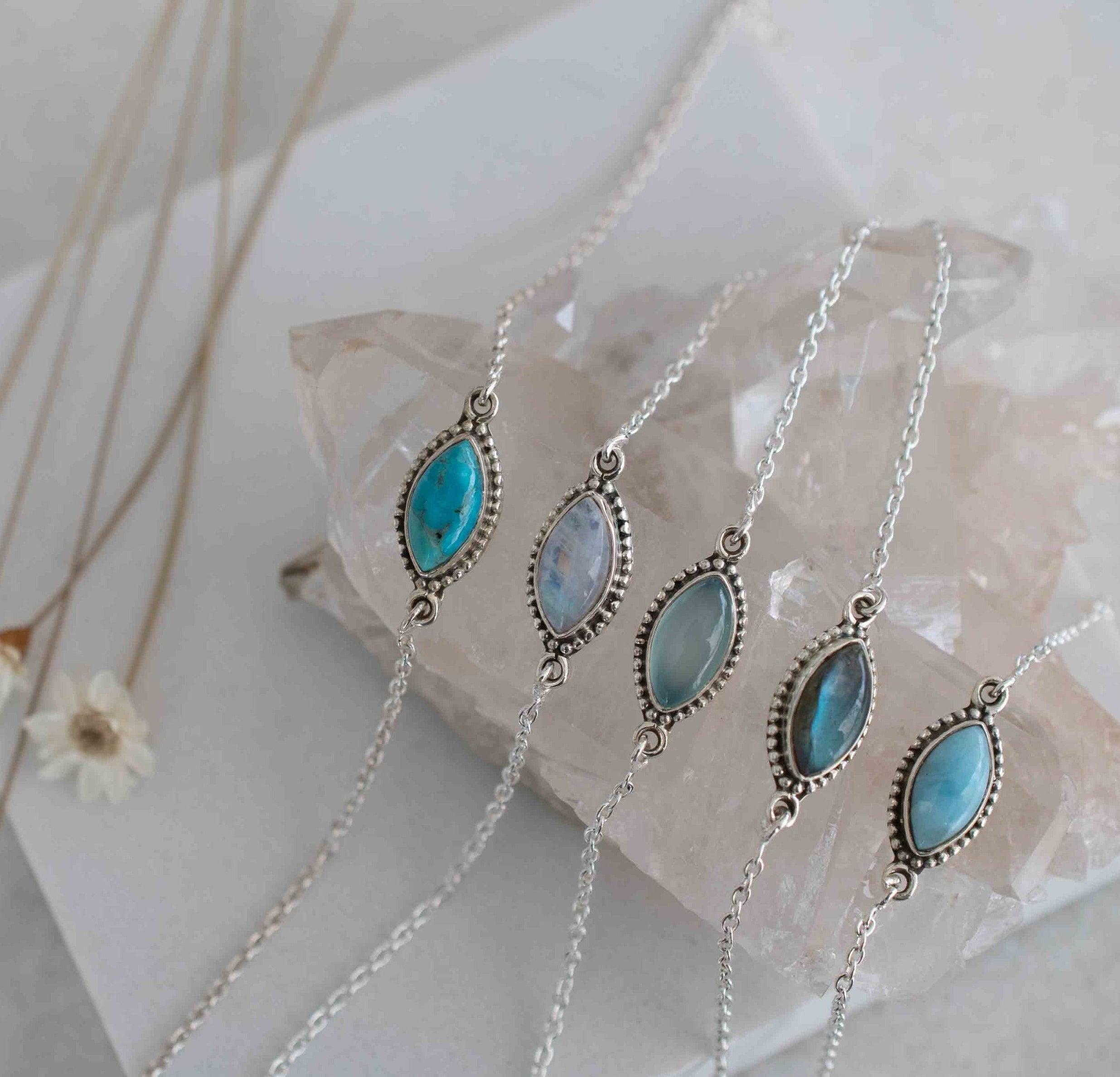 Turquoise, Labradorite, Larimar, Moonstone and Aqua Chalcedony Bracelet ~ Sterling Silver 925 ~Handmade ~Hippie ~Bohemian  ~Stackable MB0