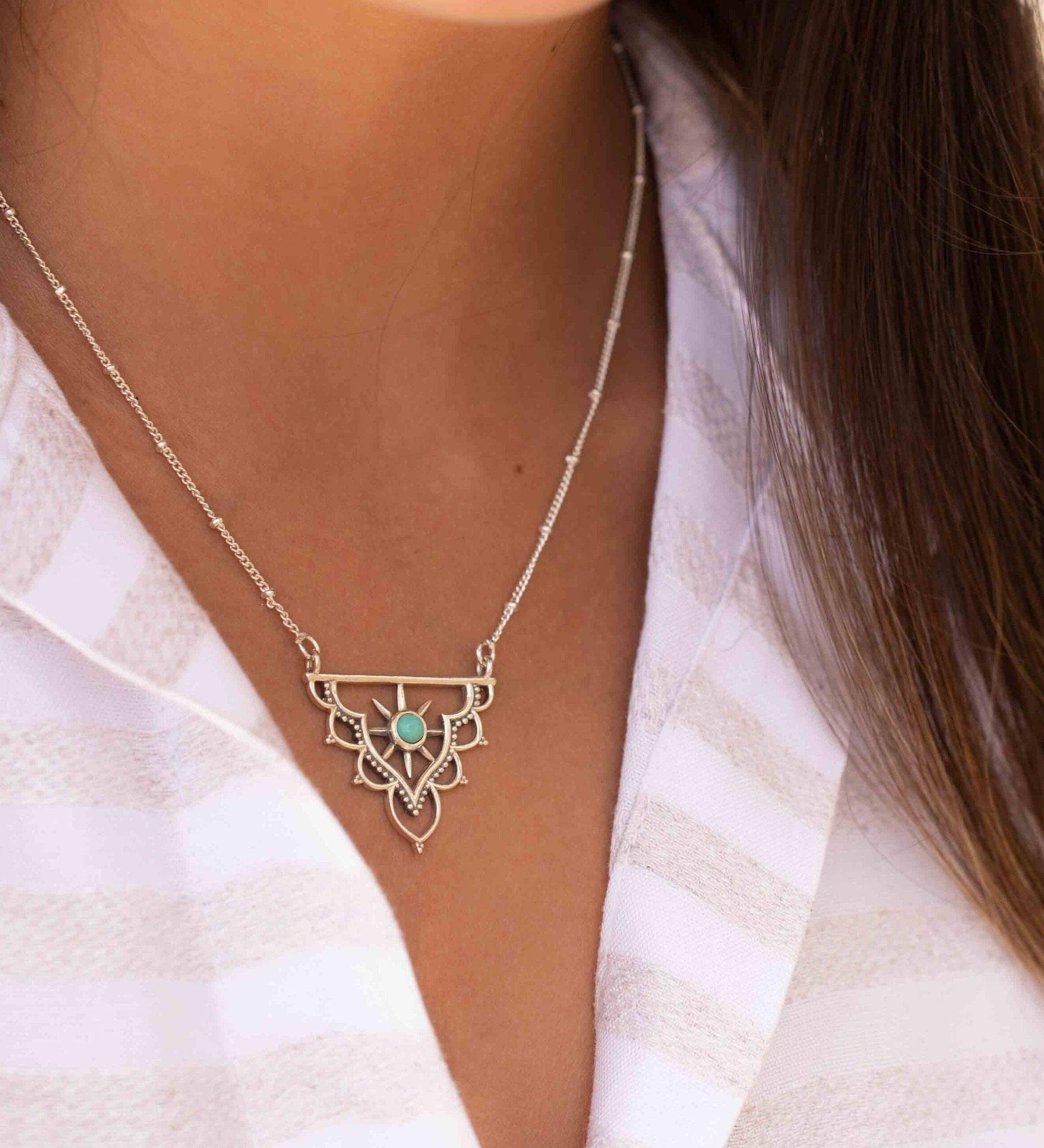 Turquoise Mandala Necklace ~ Sterling Silver 925 ~Jewelry ~ Beaded Chain ~ Minimalist~ Handmade~ Thin Chain~ Delicate ~Layered  ~ MN070