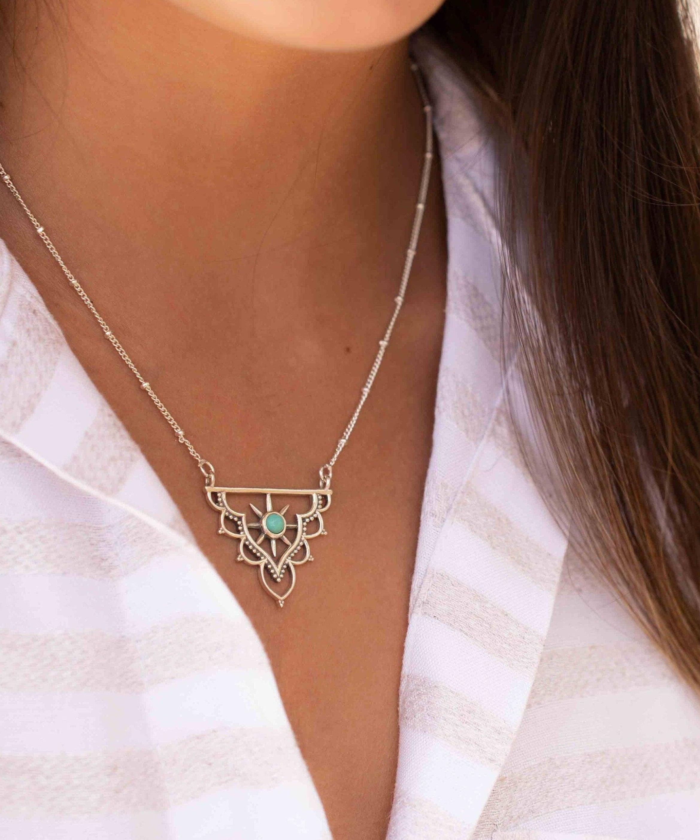 Turquoise Mandala Necklace ~ Sterling Silver 925 ~Jewelry ~ Beaded Chain ~ Minimalist~ Handmade~ Thin Chain~ Delicate ~Layered  ~ MN070
