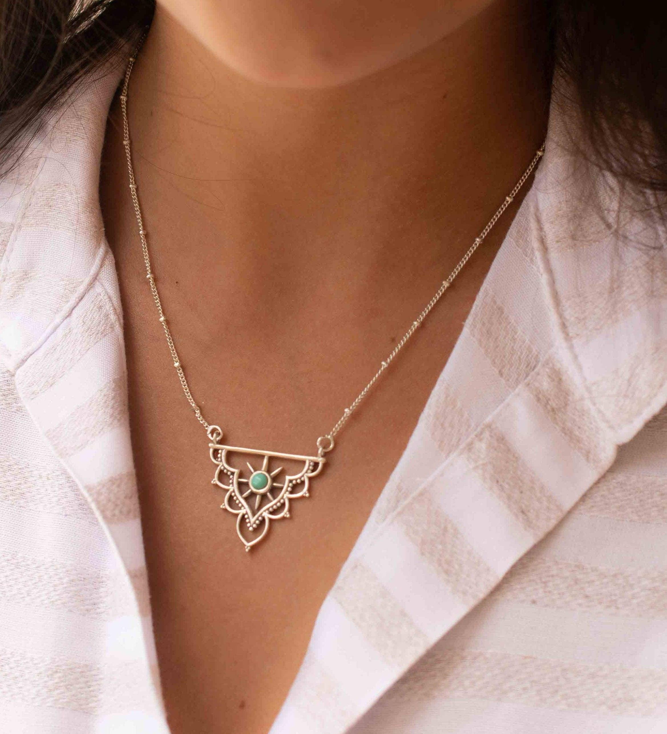 Turquoise Mandala Necklace ~ Sterling Silver 925 ~Jewelry ~ Beaded Chain ~ Minimalist~ Handmade~ Thin Chain~ Delicate ~Layered  ~ MN070