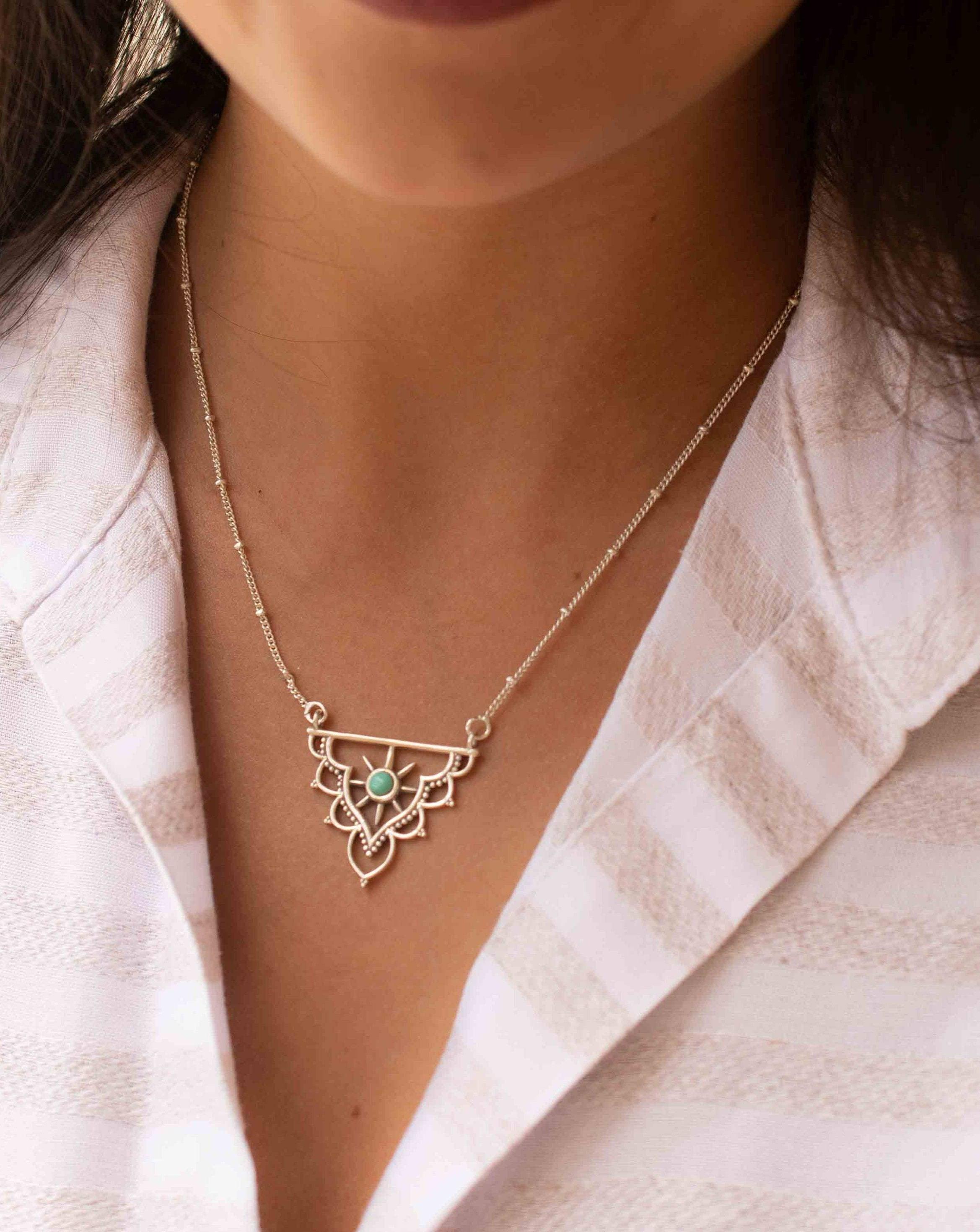 Turquoise Mandala Necklace ~ Sterling Silver 925 ~Jewelry ~ Beaded Chain ~ Minimalist~ Handmade~ Thin Chain~ Delicate ~Layered  ~ MN070