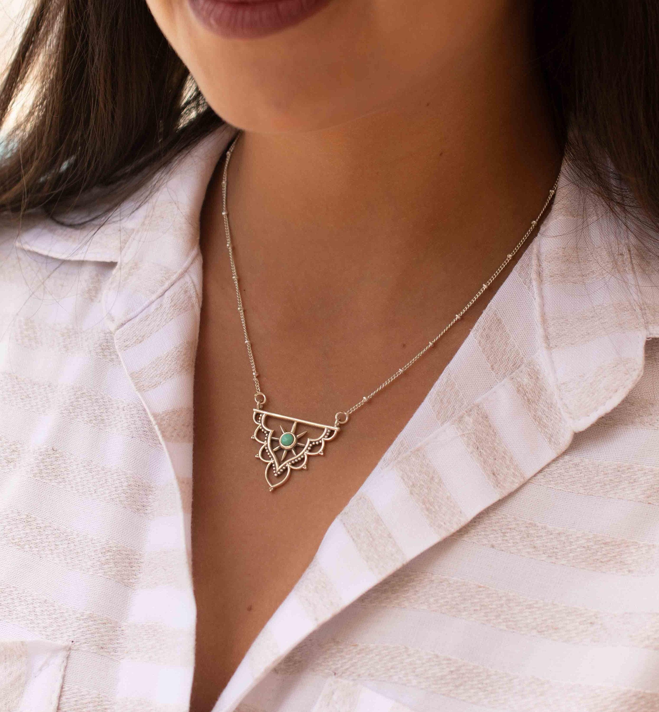 Turquoise Mandala Necklace ~ Sterling Silver 925 ~Jewelry ~ Beaded Chain ~ Minimalist~ Handmade~ Thin Chain~ Delicate ~Layered  ~ MN070