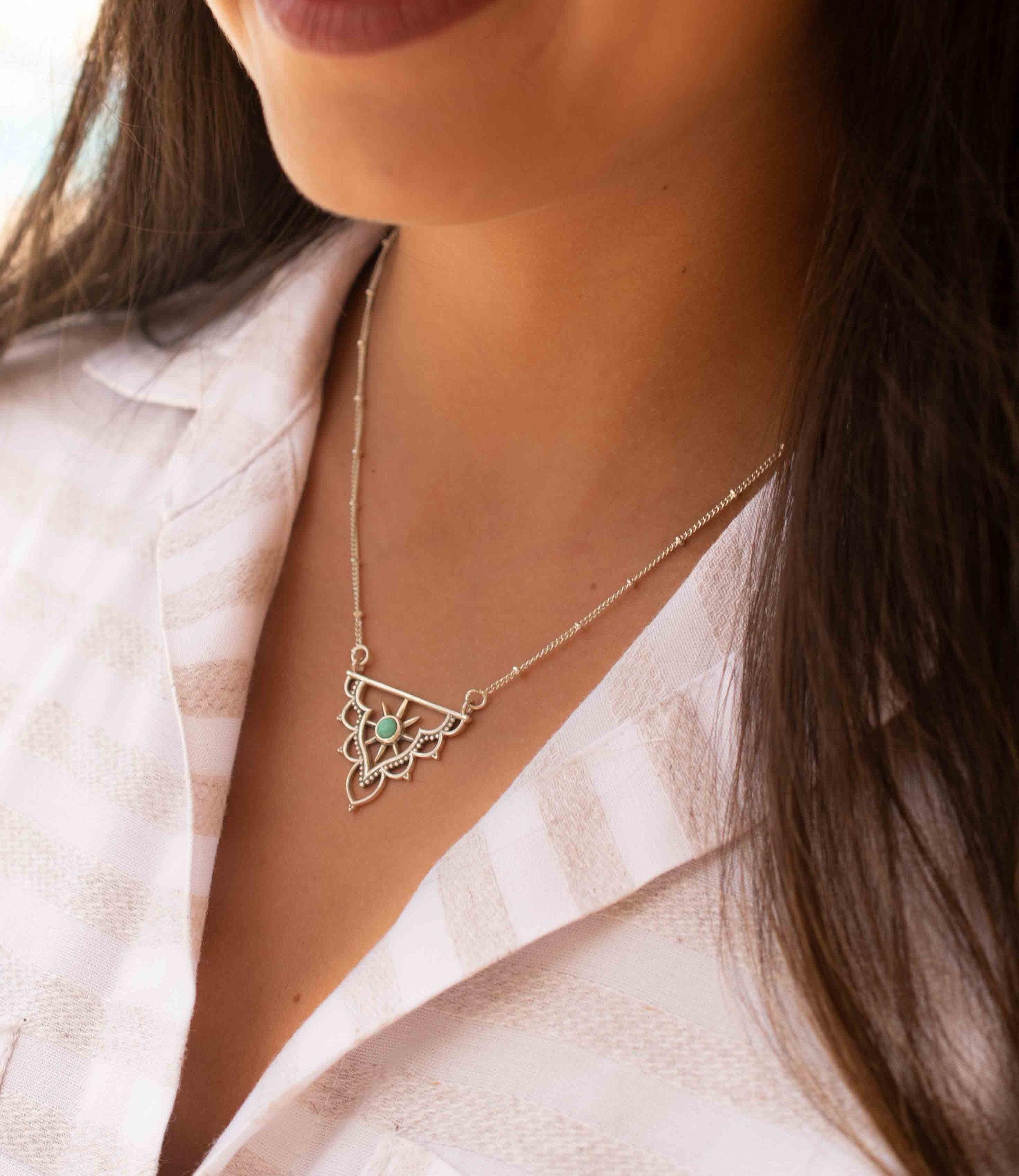 Turquoise Mandala Necklace ~ Sterling Silver 925 ~Jewelry ~ Beaded Chain ~ Minimalist~ Handmade~ Thin Chain~ Delicate ~Layered  ~ MN070