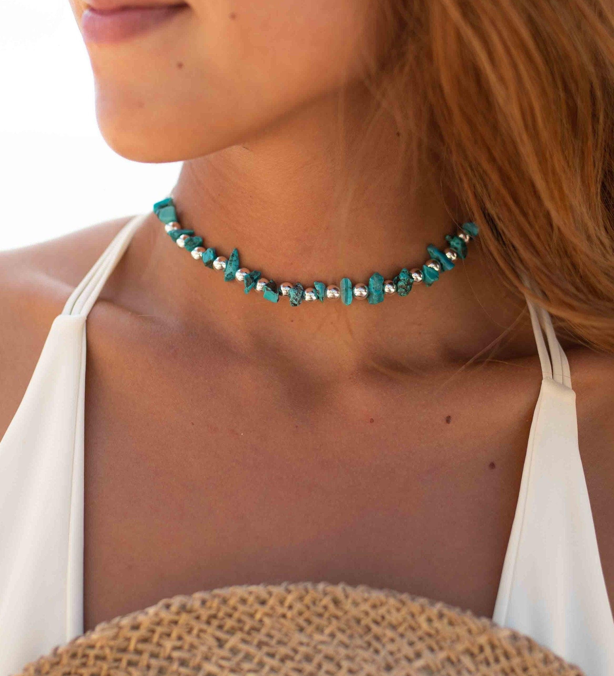 Turquoise necklace~ Sterling Silver 925 ~ Choker ~ Jewelry ~ Gift For Her ~ Minimalist~ Handmade~ MN093