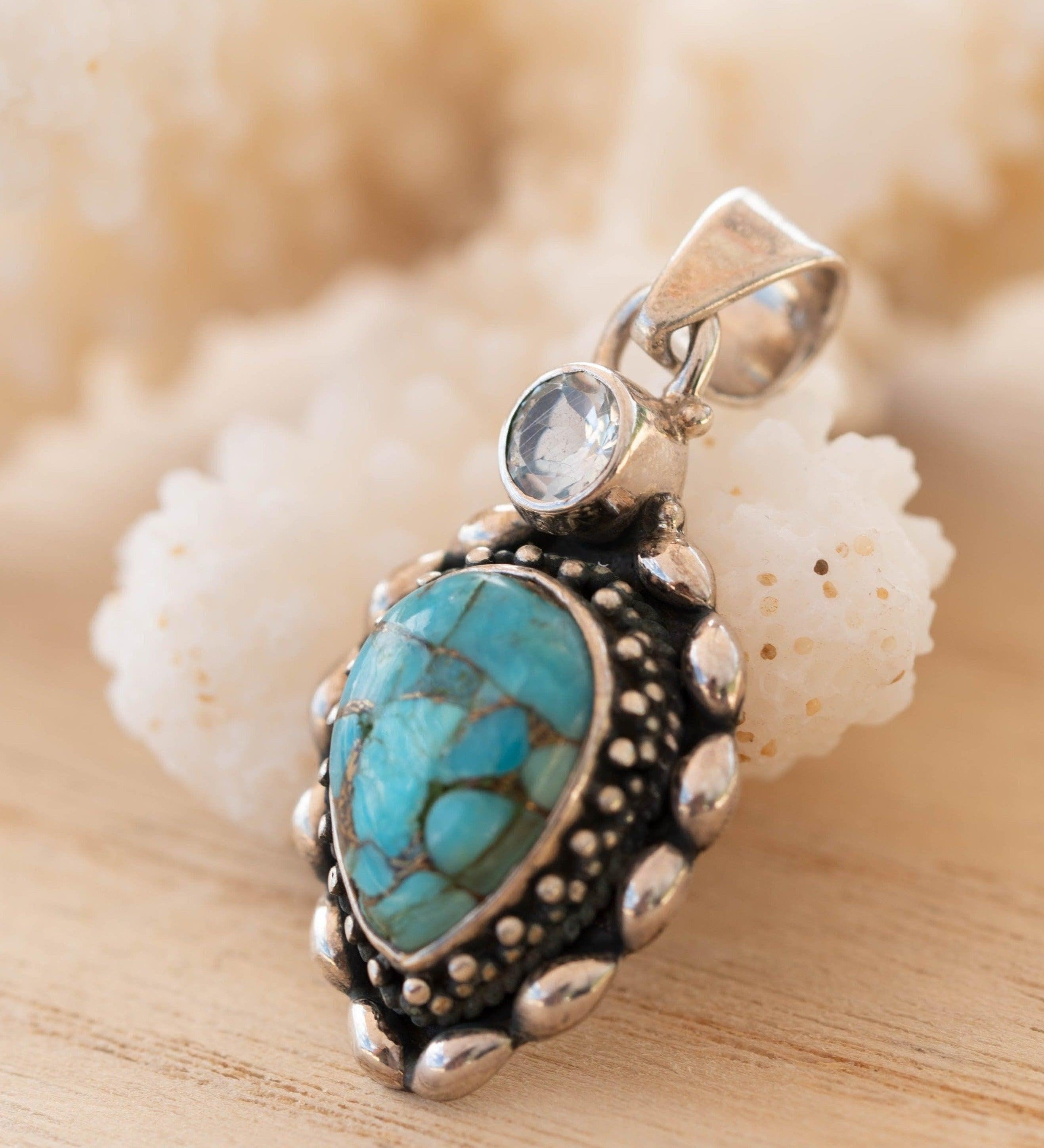 Turquoise Pendant & Blue topaz ~ Sterling Silver 925 SMP038 - Maresia Jewelry