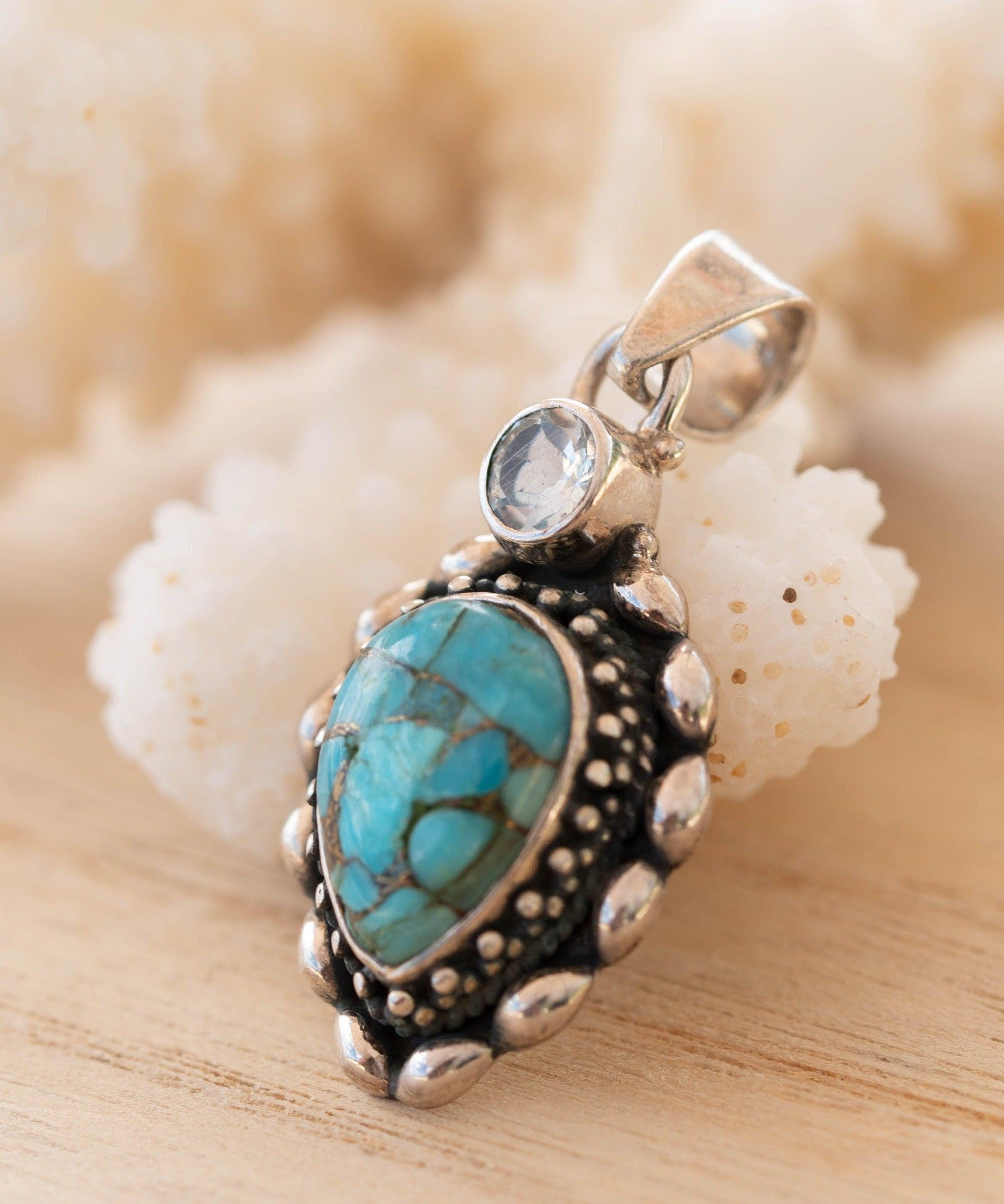 Turquoise Pendant & Blue topaz ~ Sterling Silver 925 SMP038 - Maresia Jewelry
