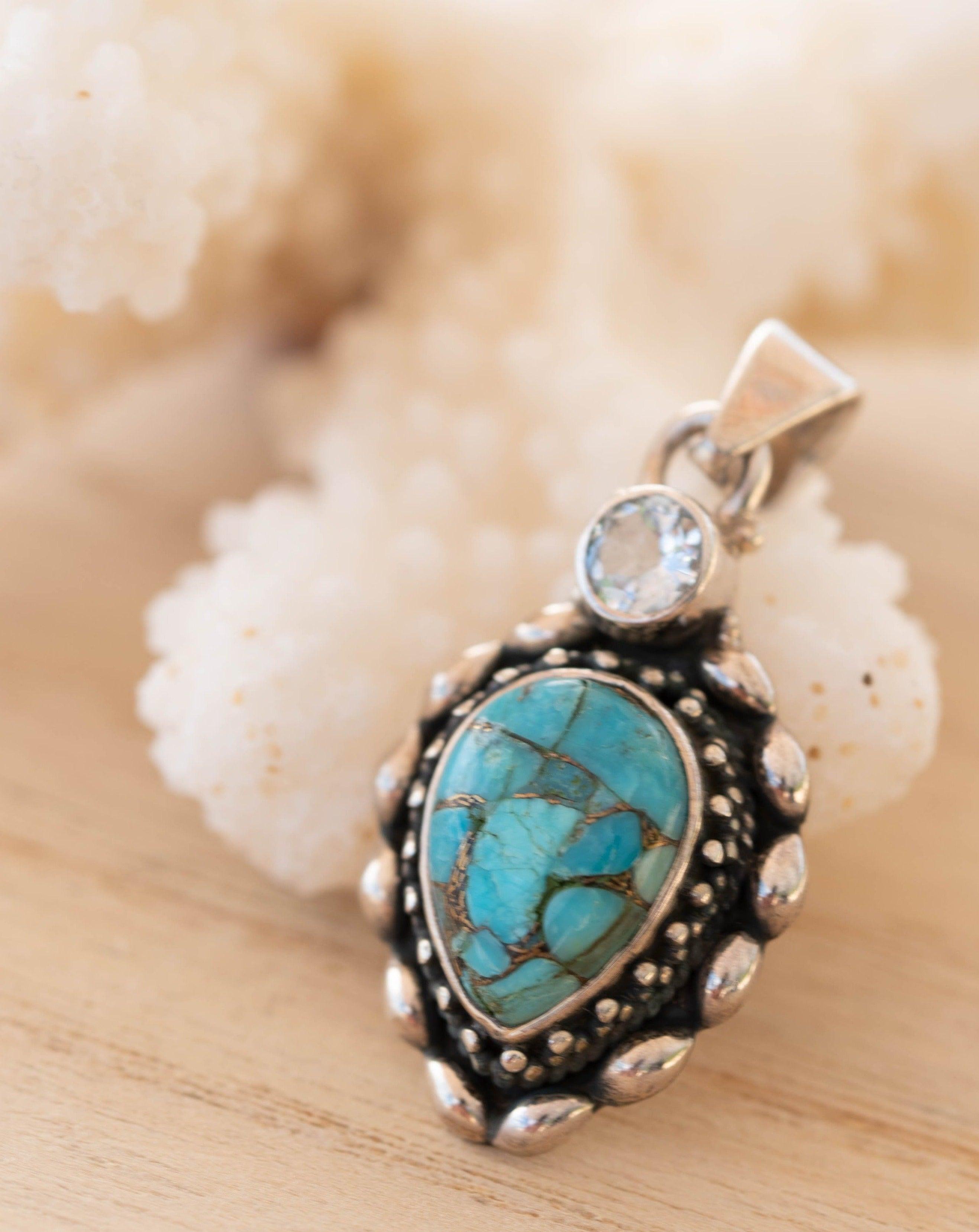 Turquoise Pendant & Blue topaz ~ Sterling Silver 925 SMP038 - Maresia Jewelry