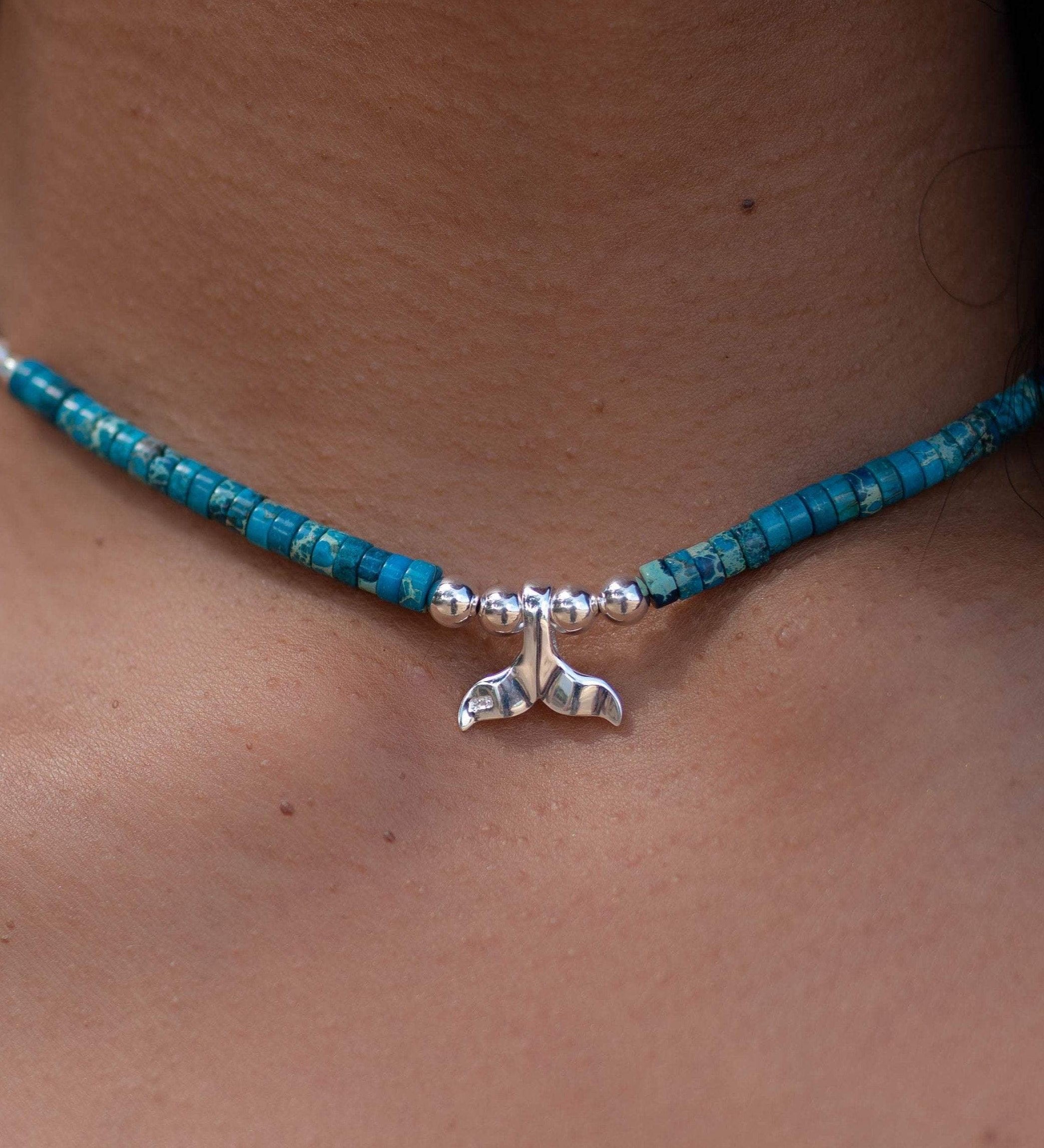 Turquoise whale tail necklace~ Sterling Silver 925 ~ Choker ~ Jewelry ~ Gift For Her ~ Minimalist~ Handmade~