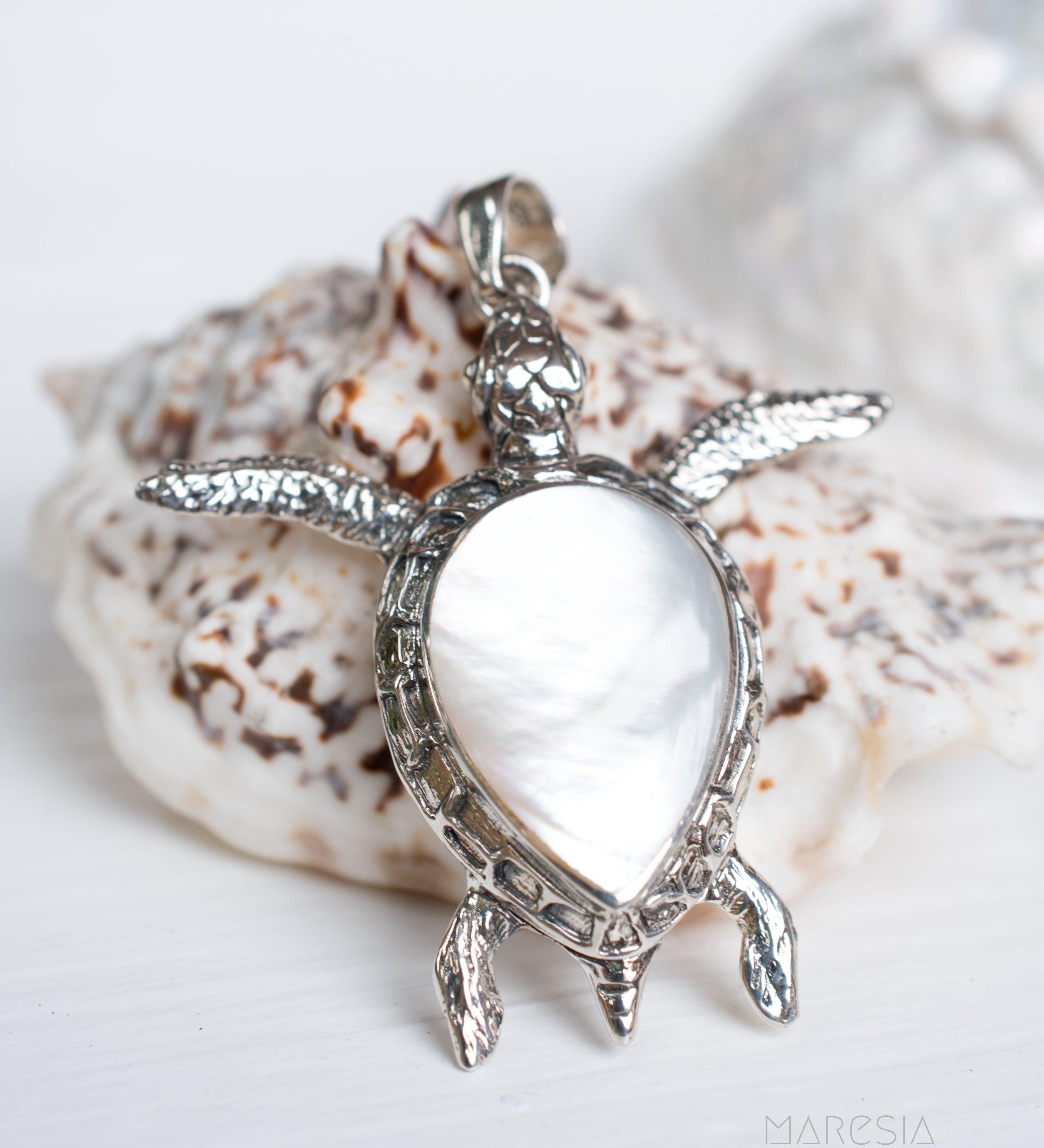 Turtle Large Pendant ~ Mother of Pearl or Coral ~ Sterling Silver 925 ~SMP027 - Maresia Jewelry